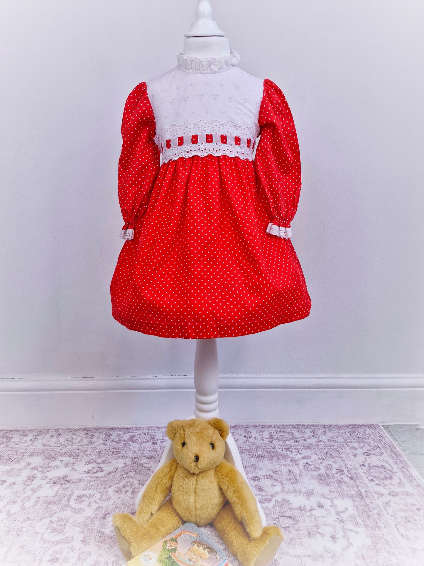 3-4 years. Red and white polka dot dress from Sears 1974