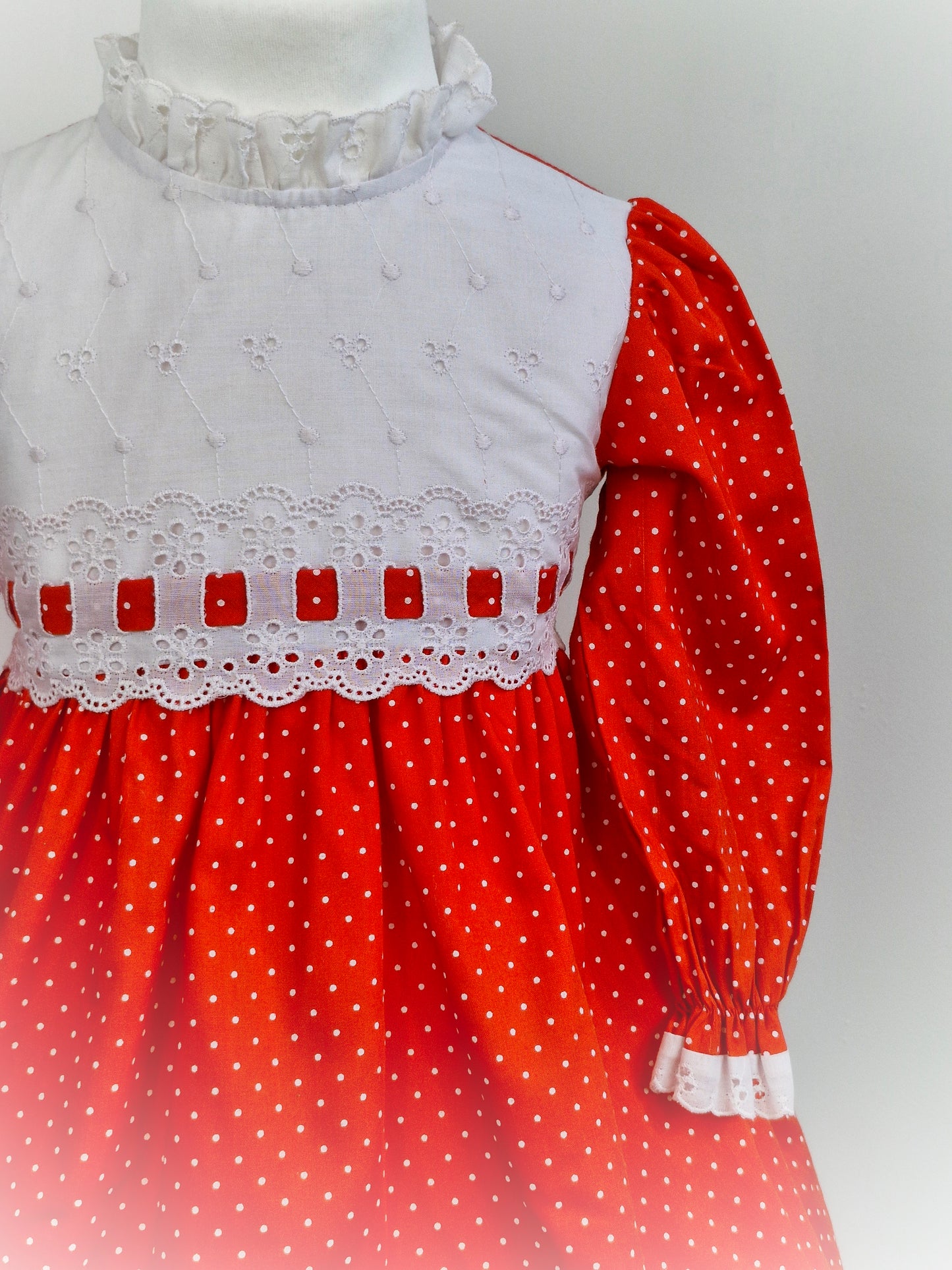 3-4 years. Red and white polka dot dress from Sears 1974