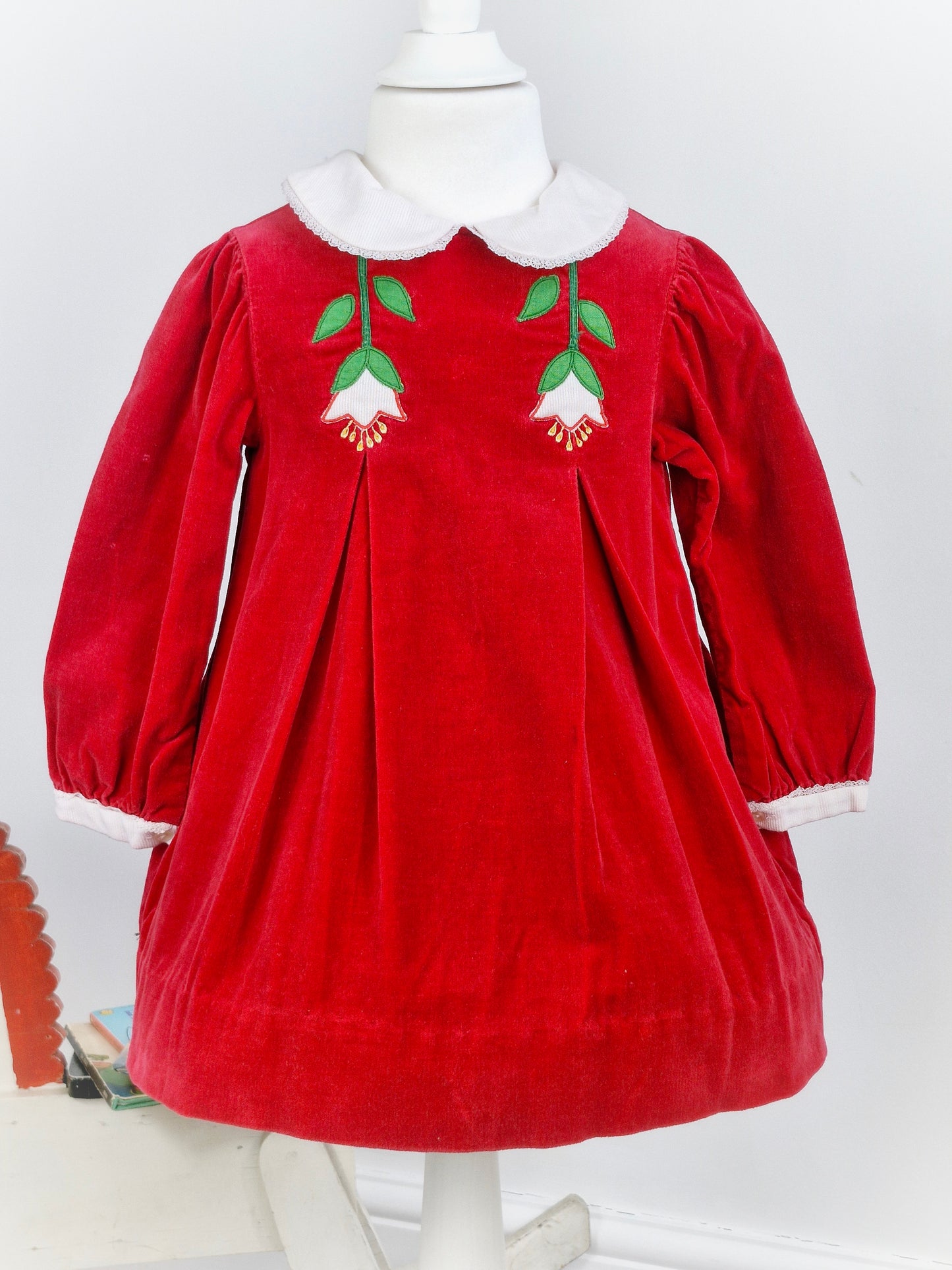 2-3 years. Red velour dress with white Peter Pan collar and embroidered flowers