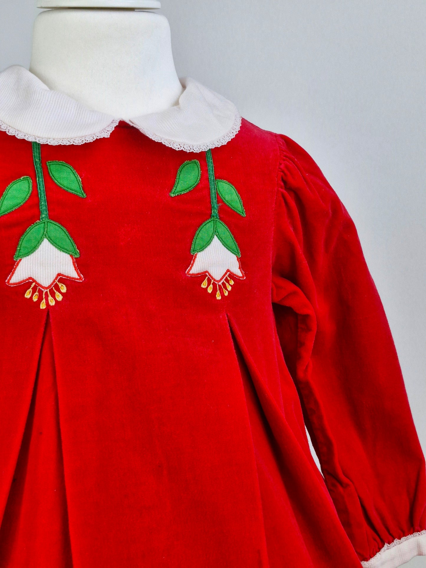 2-3 years. Red velour dress with white Peter Pan collar and embroidered flowers