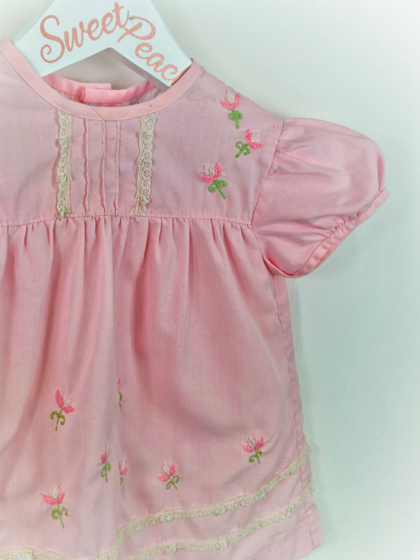 9-12 months. Pink Adams dress with embroidered flowers