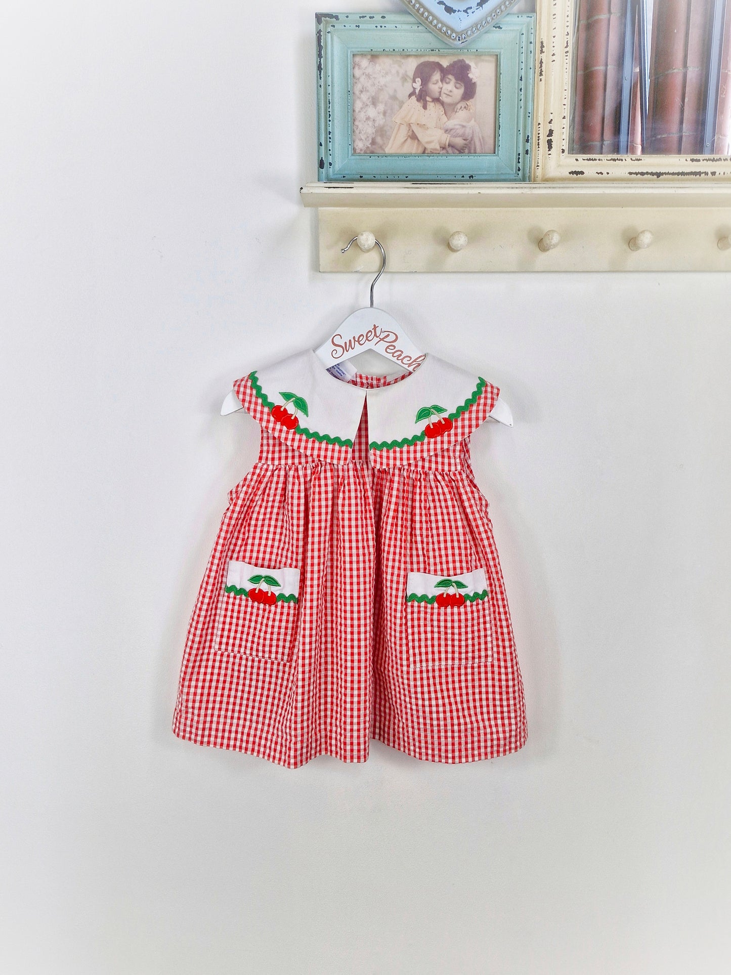 2 years. Red and white gingham seersucker vintage Samara with cherry applique