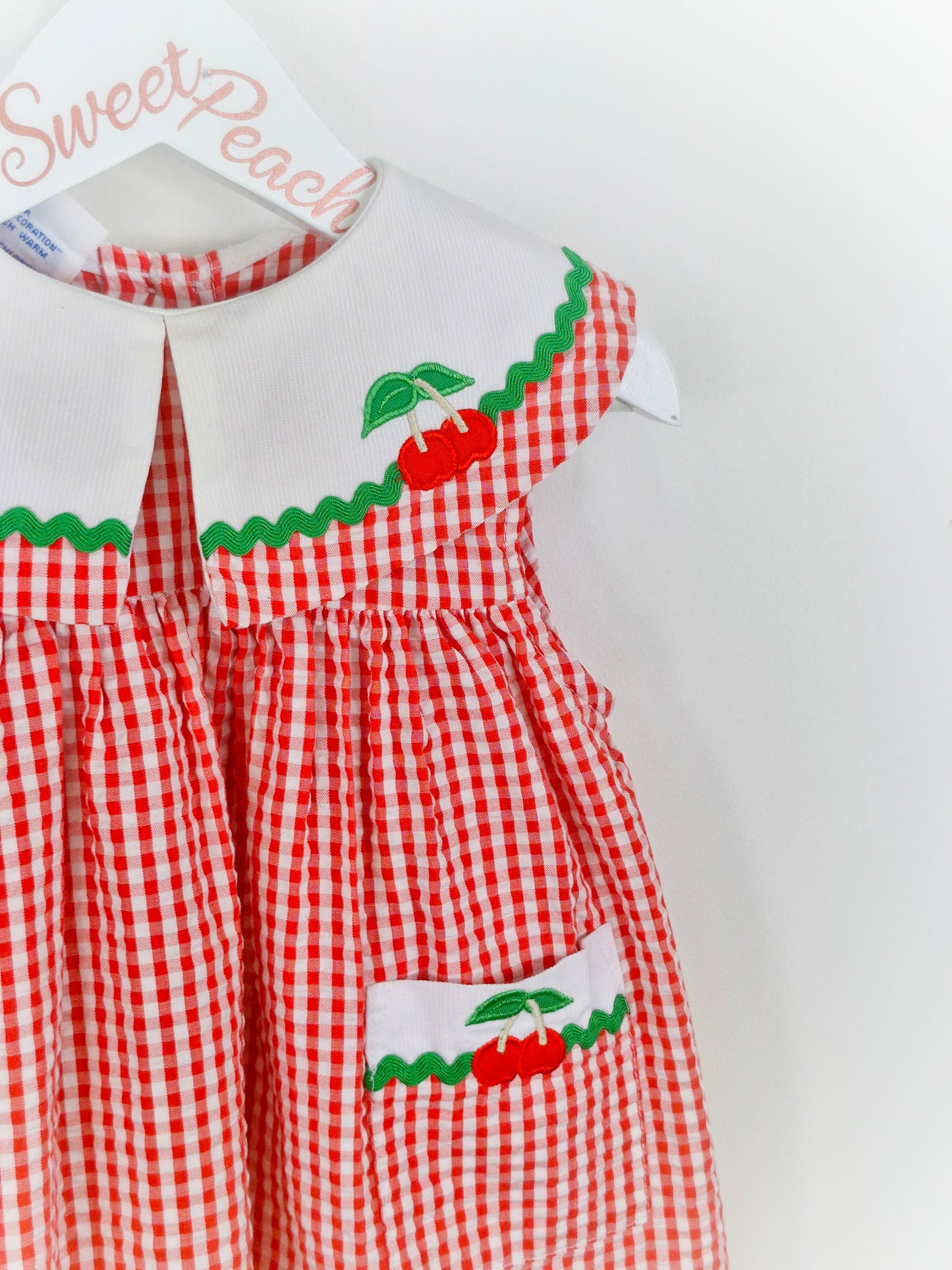 2 years. Red and white gingham seersucker vintage Samara with cherry applique