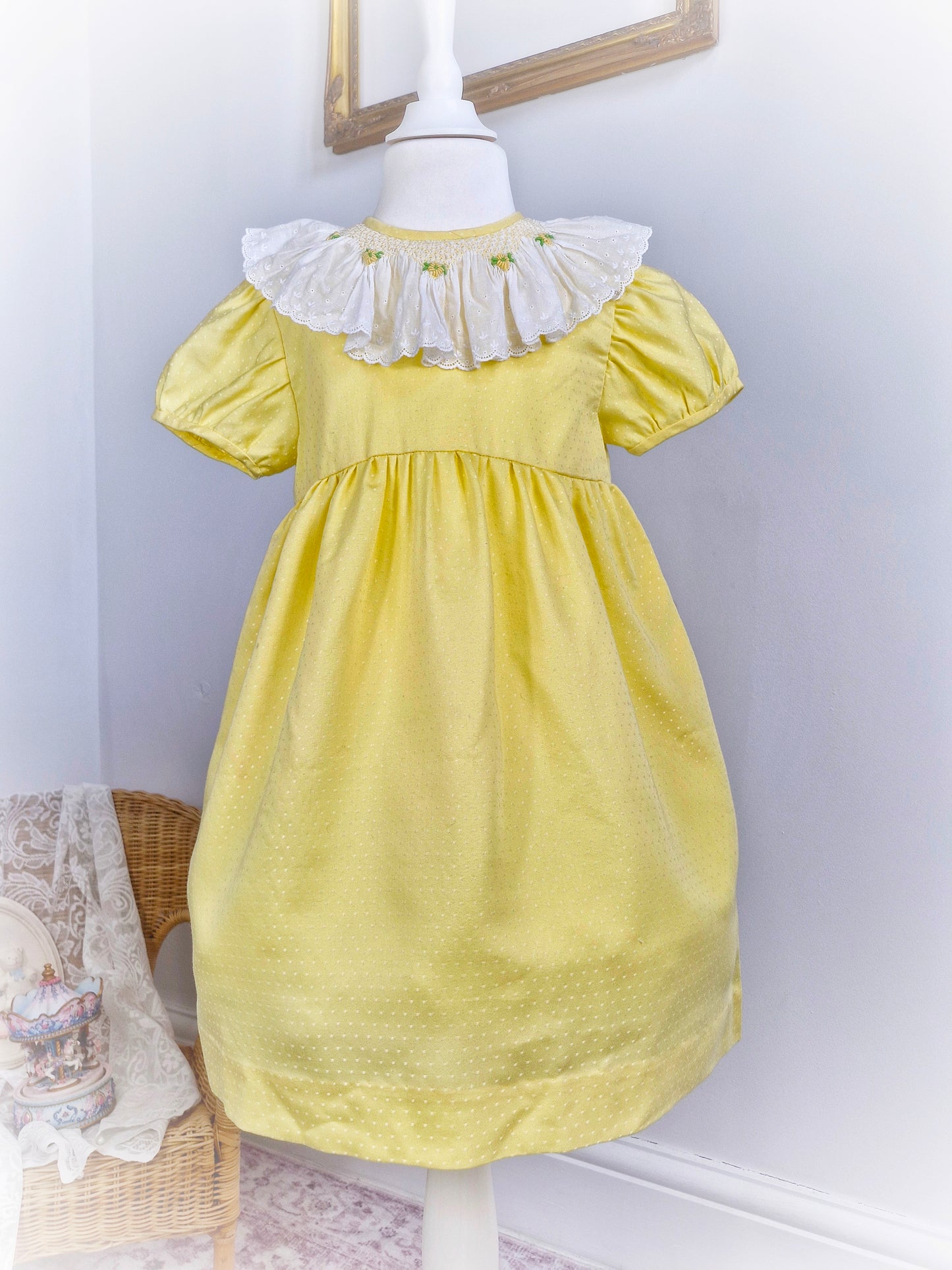 5 years. Vintage Lemon dress with smocked, embroidered details on collar