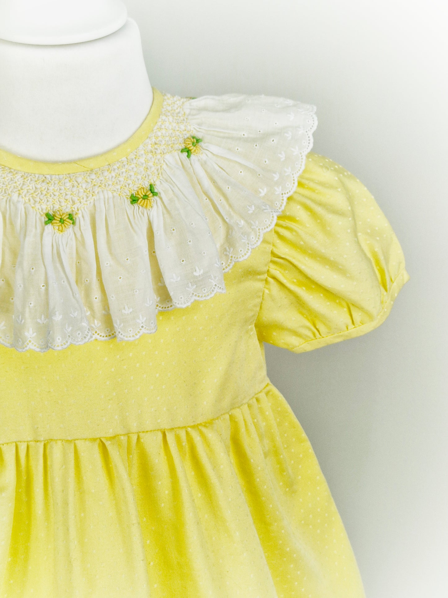 5 years. Vintage Lemon dress with smocked, embroidered details on collar