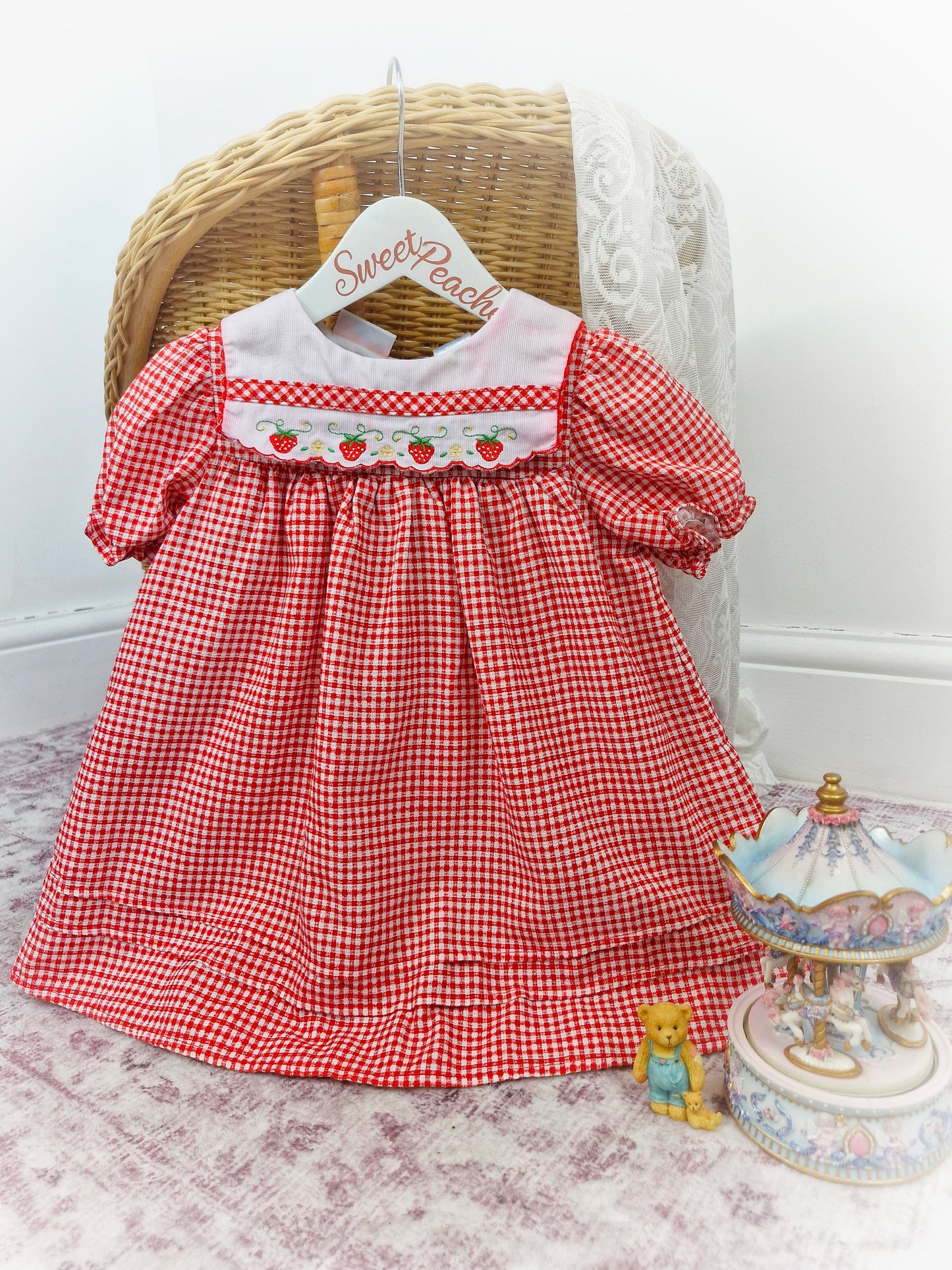 2-3 years. BT Kids vintage gingham dress with embroidered strawberries on bib. Some faults*