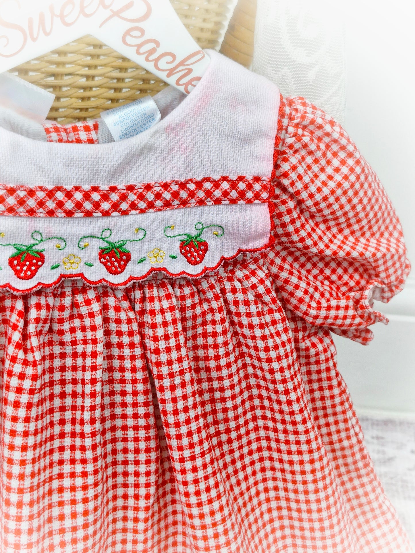 2-3 years. BT Kids vintage gingham dress with embroidered strawberries on bib. Some faults*