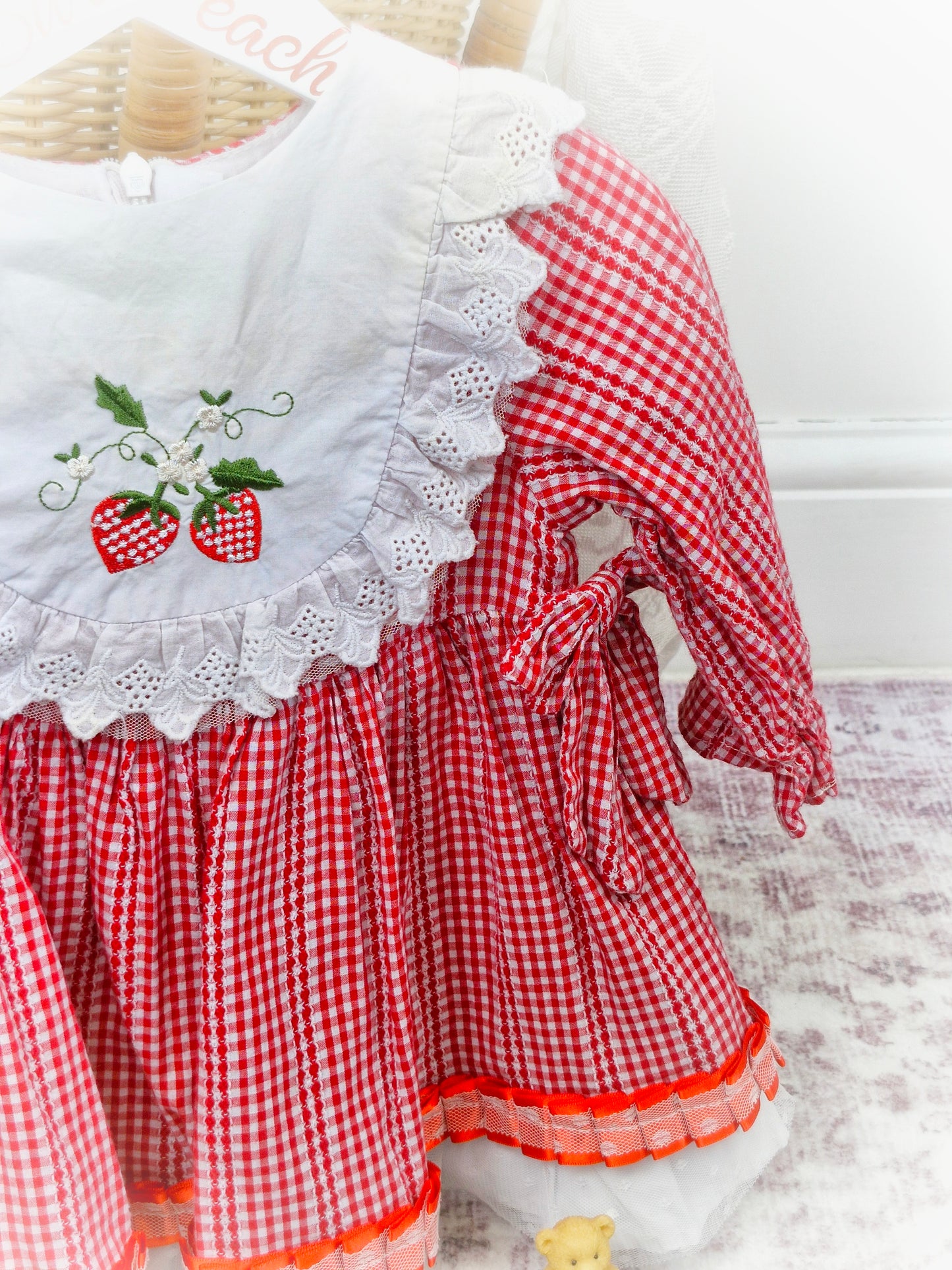 18-24 months. Vintage inspired red and white gingham dress with embroidered strawberries