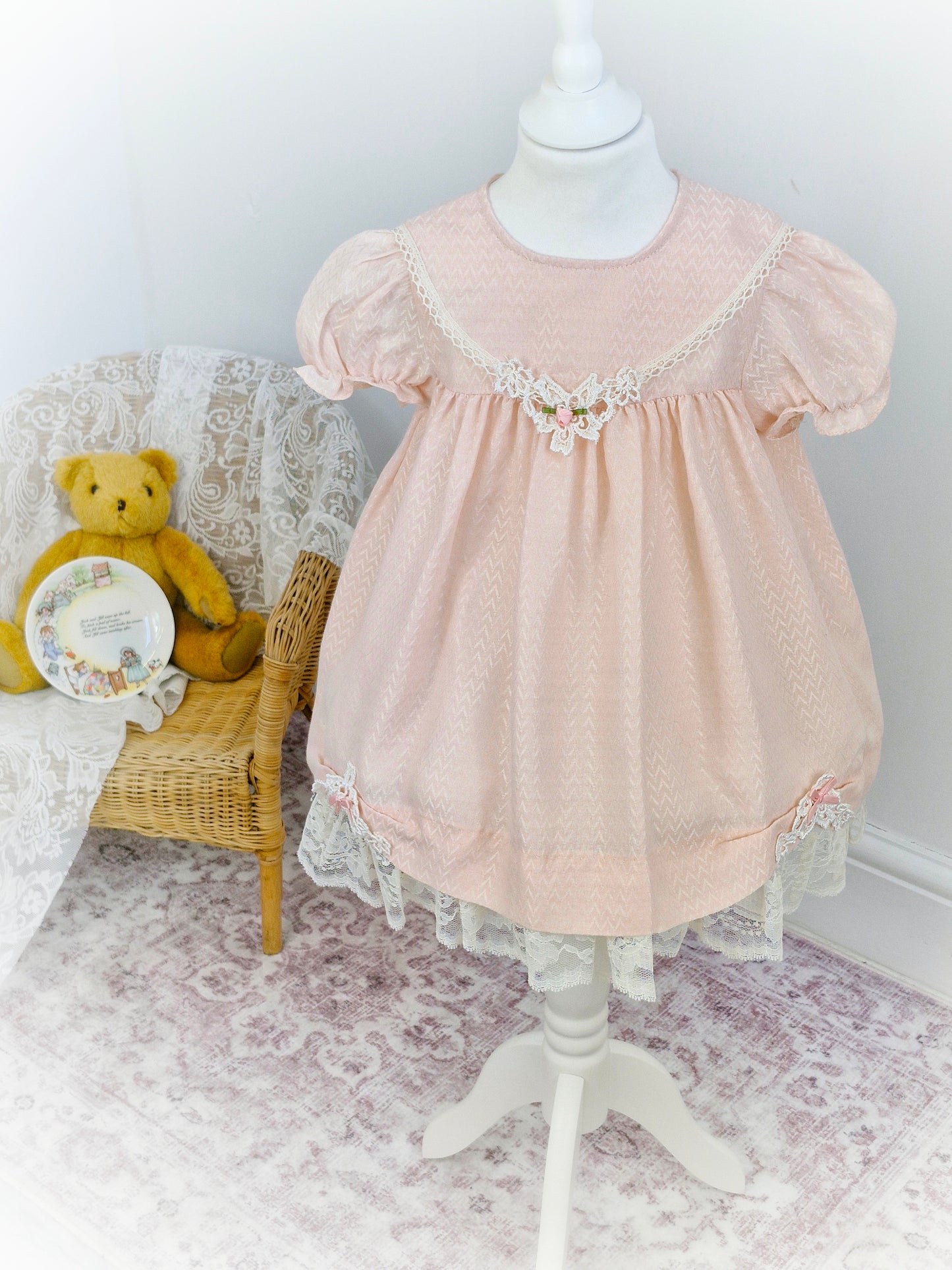 3-4 years. Light pink vintage Jolene with lace hem and delicate lace applique with pink ribbon rose