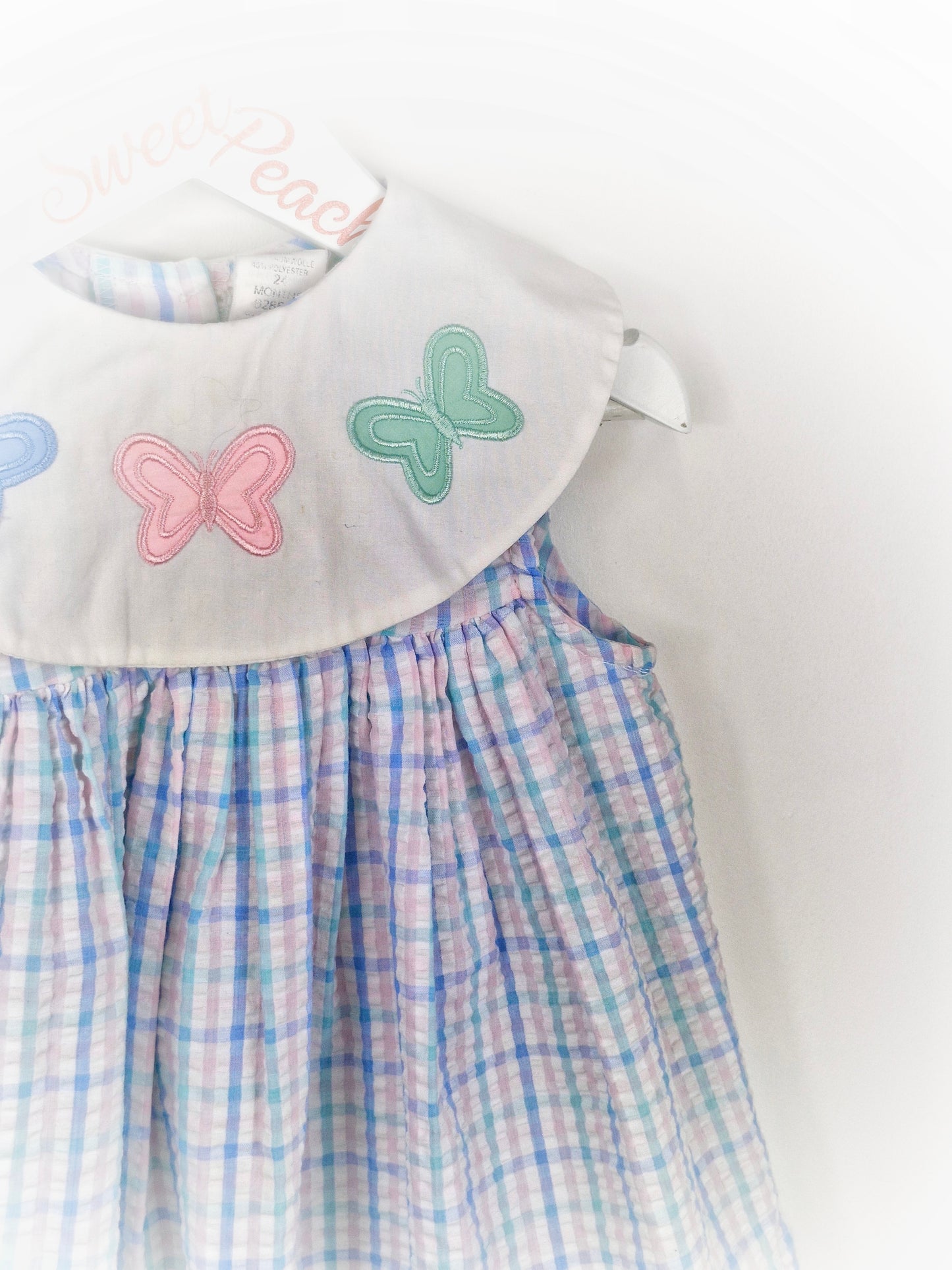 18-24 months. Pastel, checked, seersucker butterfly vintage dress