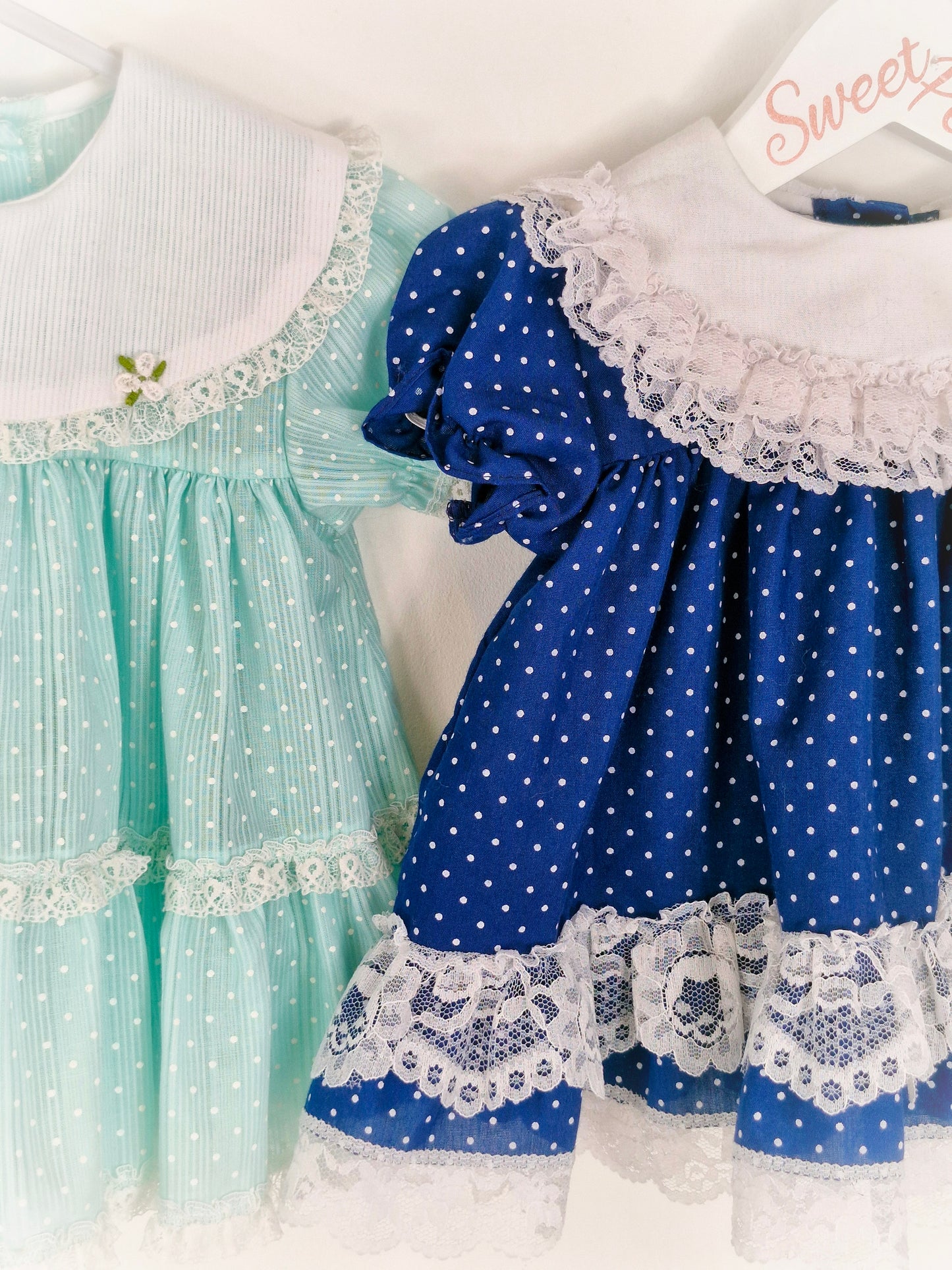 6-9 months bundle. Navy Jolene vintage dress with white polka dot. Mint and white polka dot dress