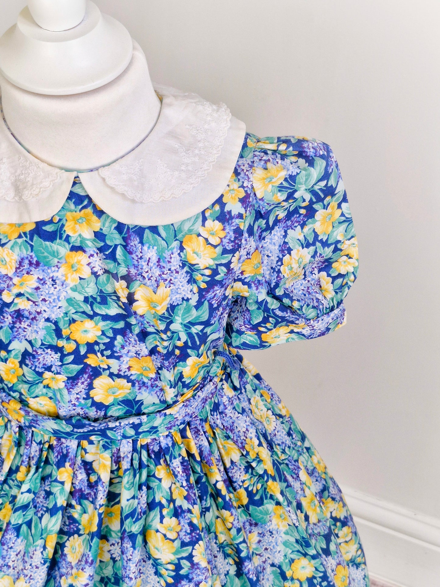 5 years. Blue and yellow Laura Ashley dress with white embroidered double collar