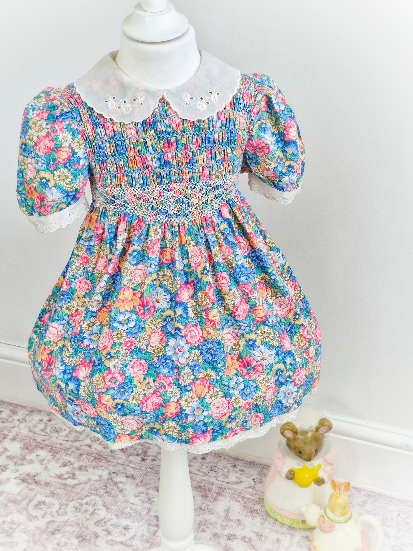 3-4 years. Vintage floral smock dress with broderie anglais collar and trim