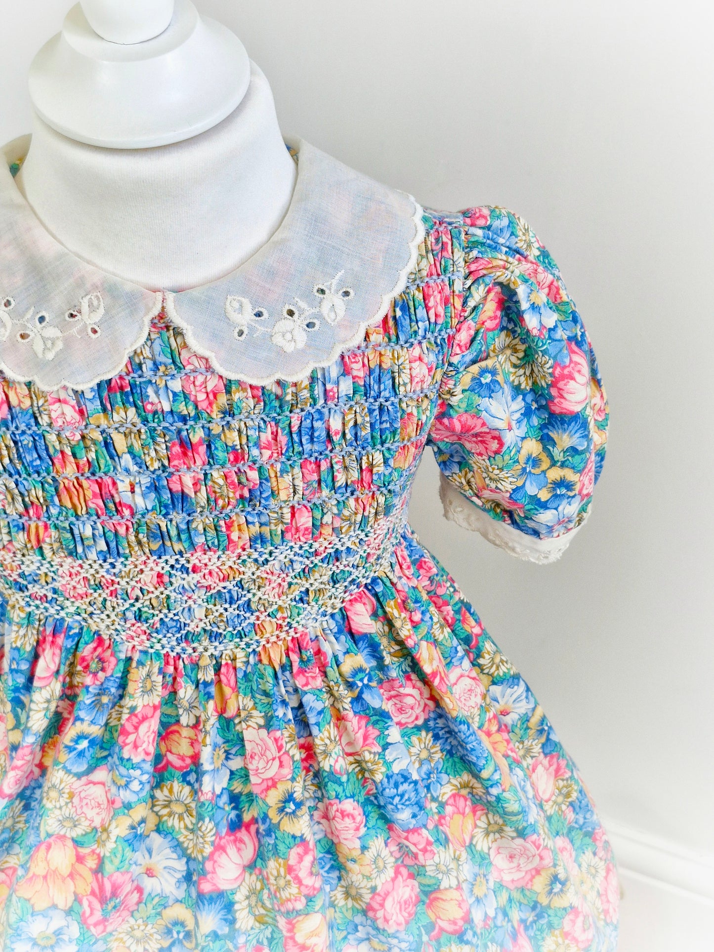 3-4 years. Vintage floral smock dress with broderie anglais collar and trim