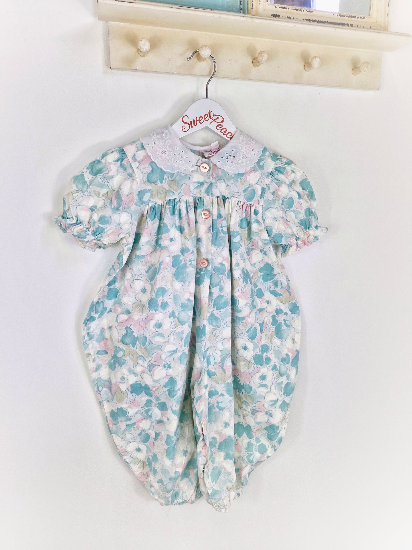 2 years. Maggie Mackall vintage romper, pastel floral with embroidered collar