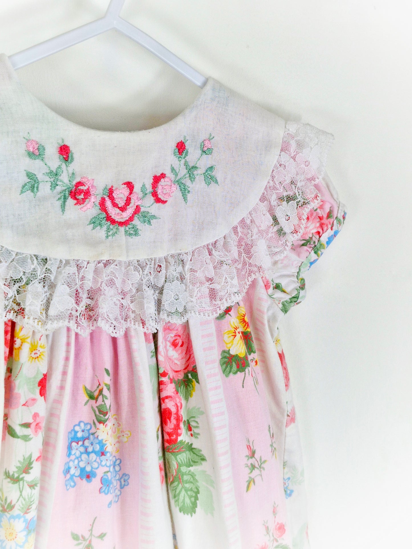 18 months. Pink and white vintage dress with embroidered bib and lace