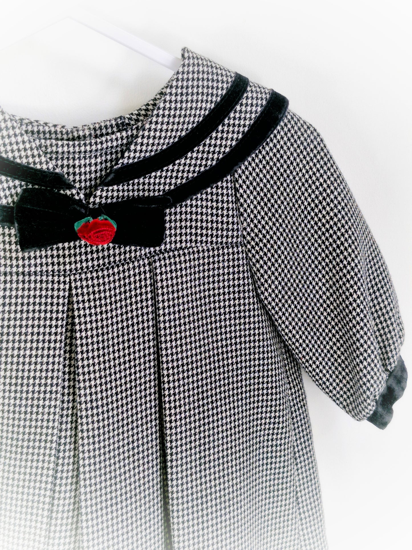 12 months. Black and white vintage dress with velour bow and red rosette