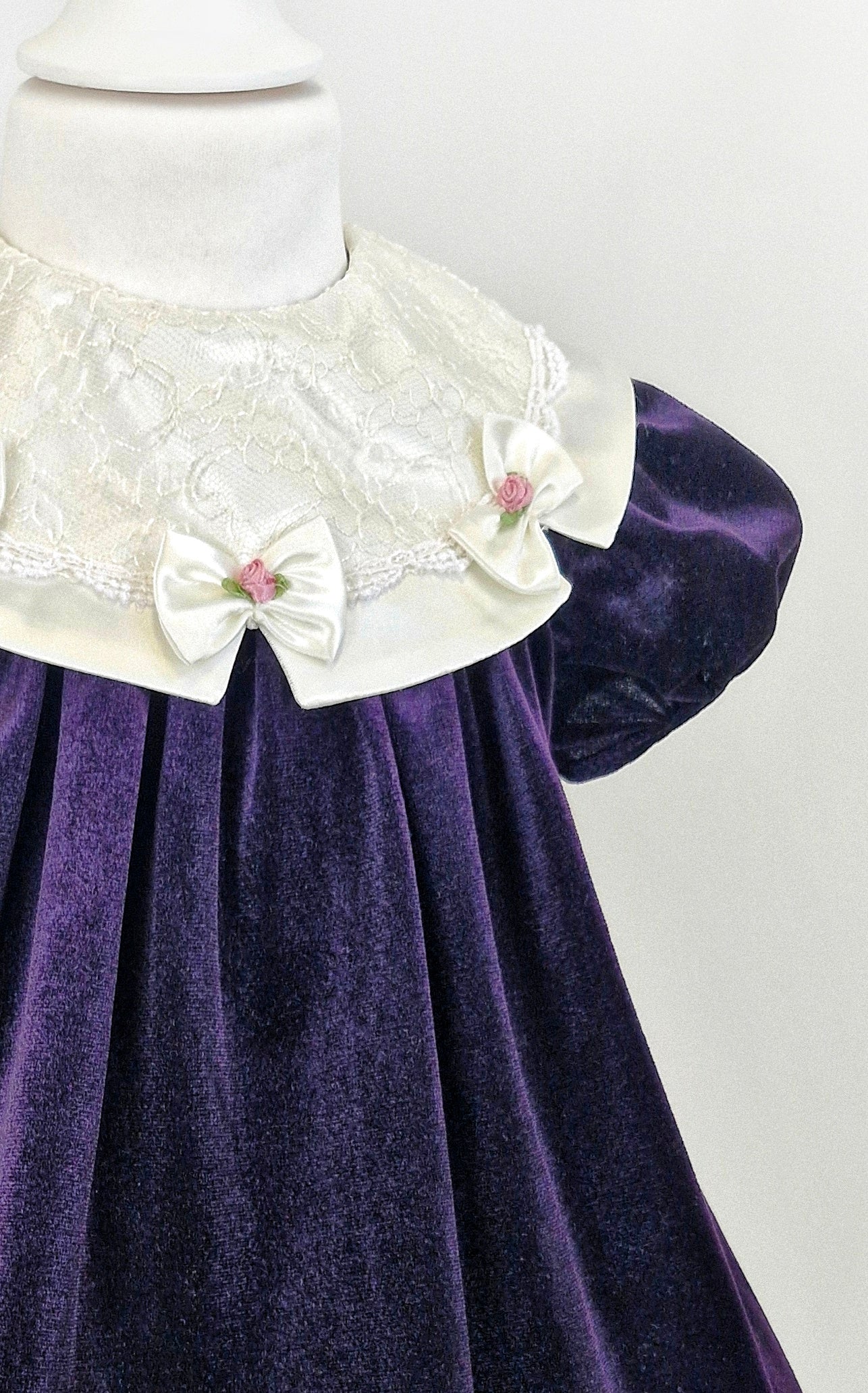 2-3 years. Deep purple velour vintage dress with cream satin/lace bib, bows and pink roses by Bonnie Jean