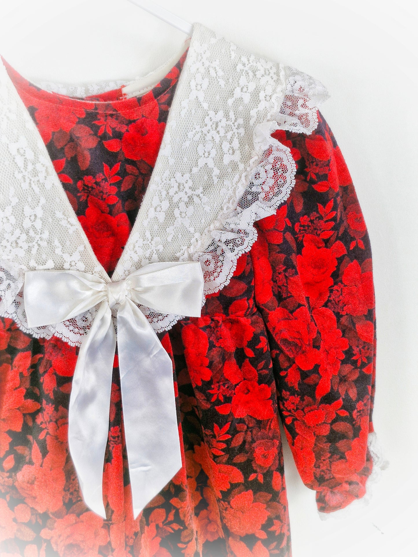 2-3 years. Black and red vintage velour romper with white lace collar and satin bow