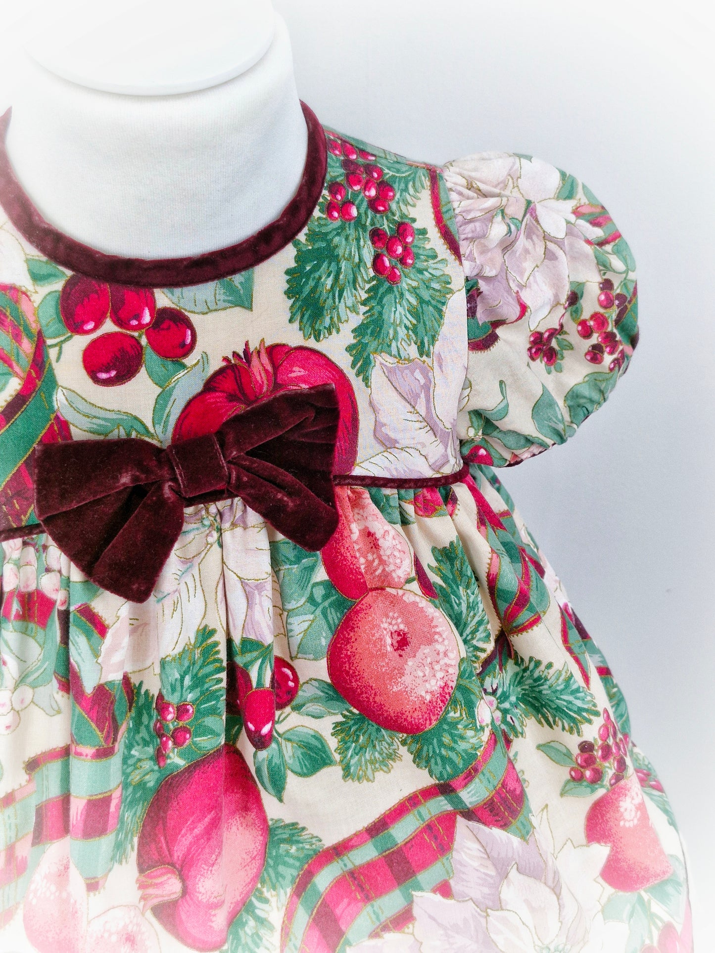 2 years. Vintage Bonnie Baby dress with fruits and flowers. Lace hem and burgundy velour bow