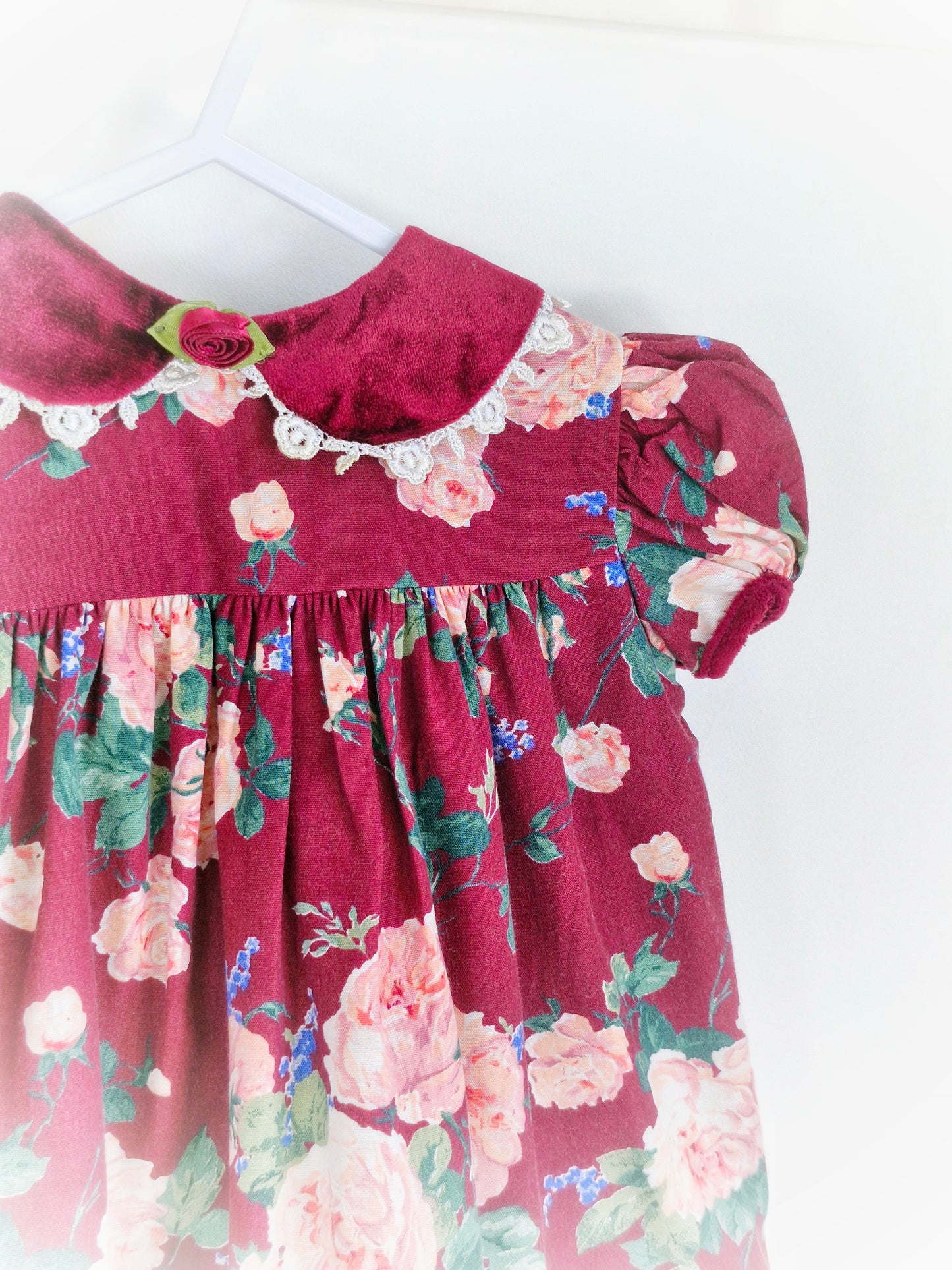 9-12 months. Burgundy vintage floral dress with velour collar