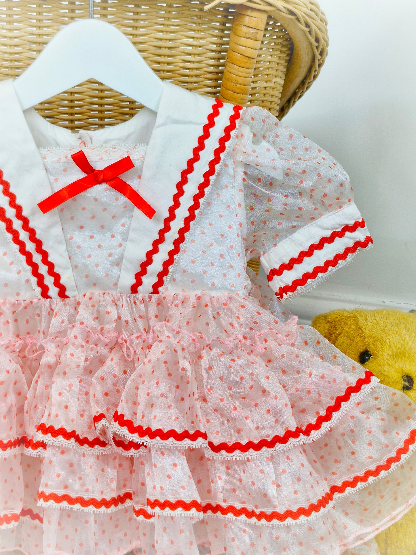 12 months. White vintage taffeta dress with red polka dots and trim