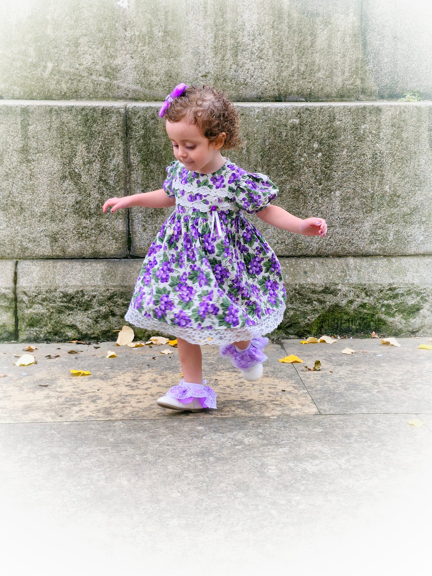 2 years. Vintage Jessica Ann, purple grapes with green leaves. Lace and ribbon details