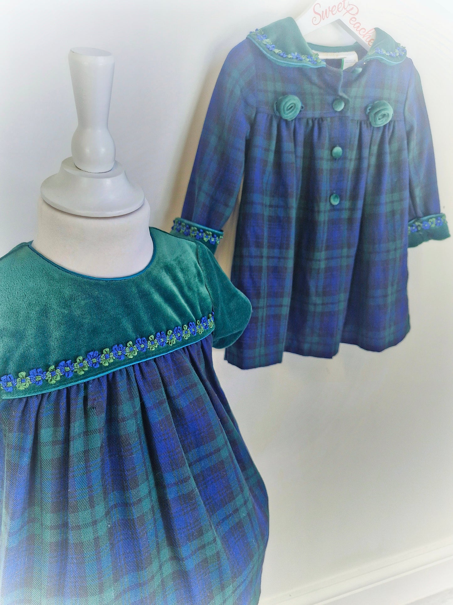 2 years. Vintage coat and dress set from Little Bitty, navy and green tartan with velour details.