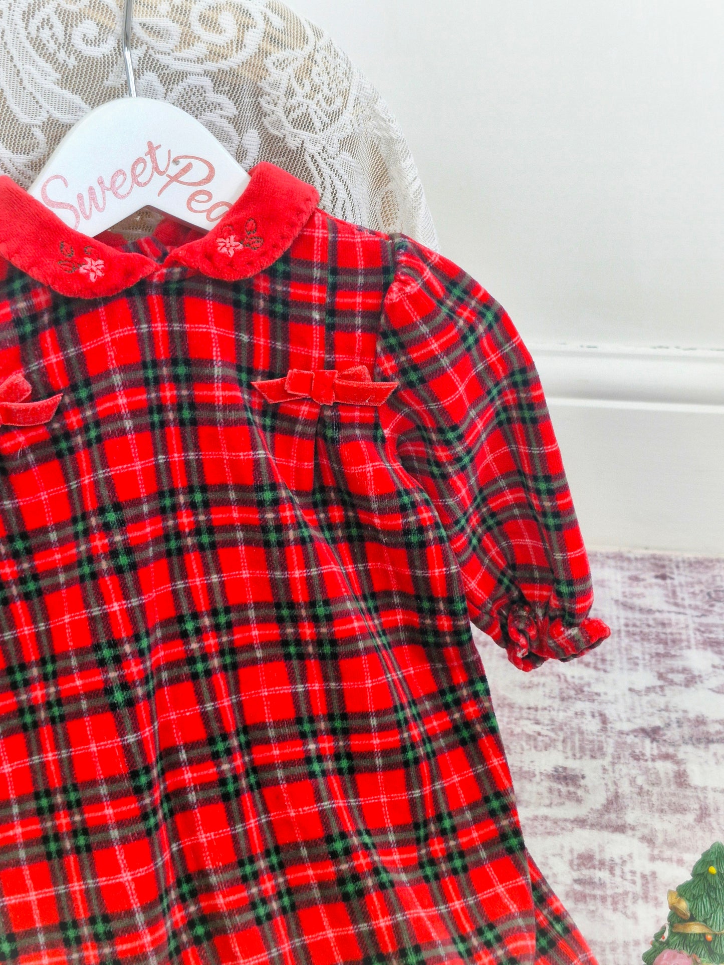 3-6 months. Vintage inspired tartan sleepsuit with embroidered collar