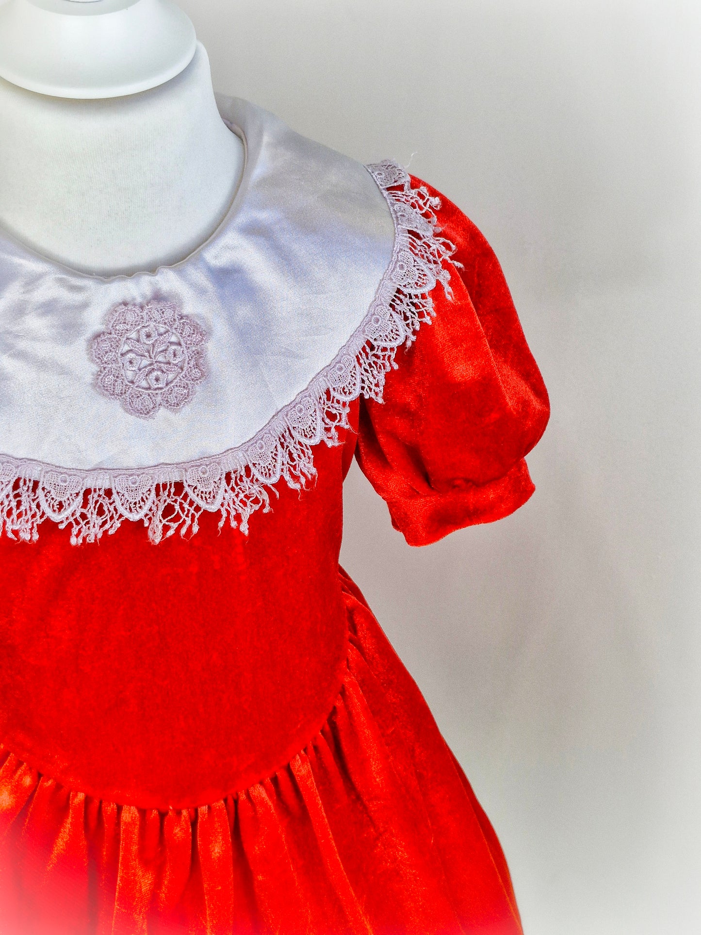 5-6 years. Red vintage velour dress with white satin and lace bib from Allison Ann