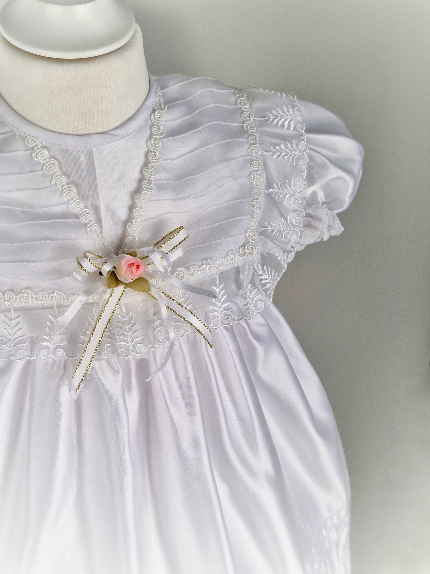 1-2 years. White satin christening gown and bonnet