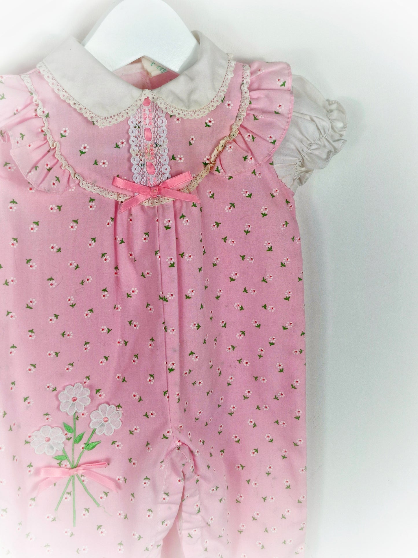 3-6 months. Tiny Tots vintage romper, pink with flower print, white collar and sleeves