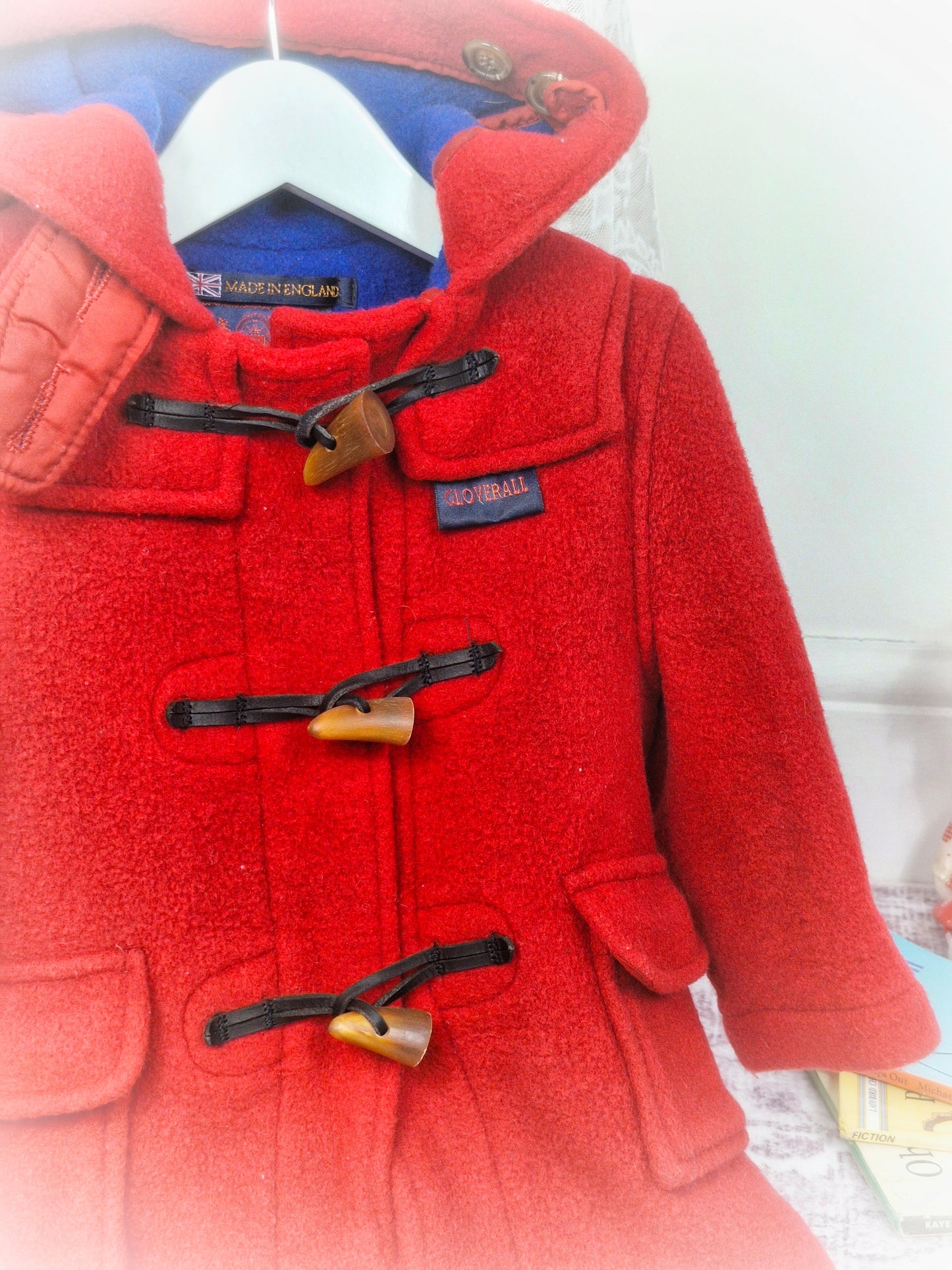 2-3 years. Red Vintage Gloverall duffle coat with hood and traditional toggle fastenings