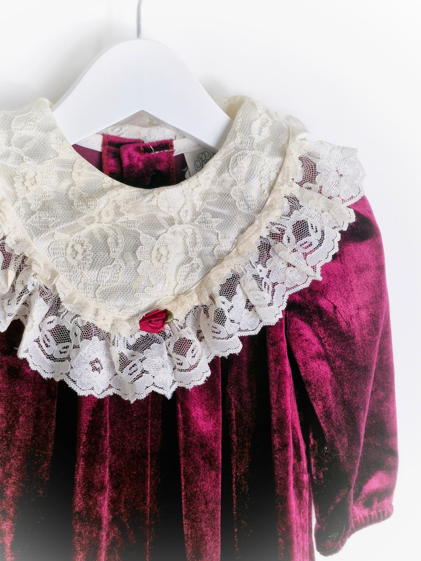 12 months. Vintage Rare Editions soft velvet romper with cream lace bib