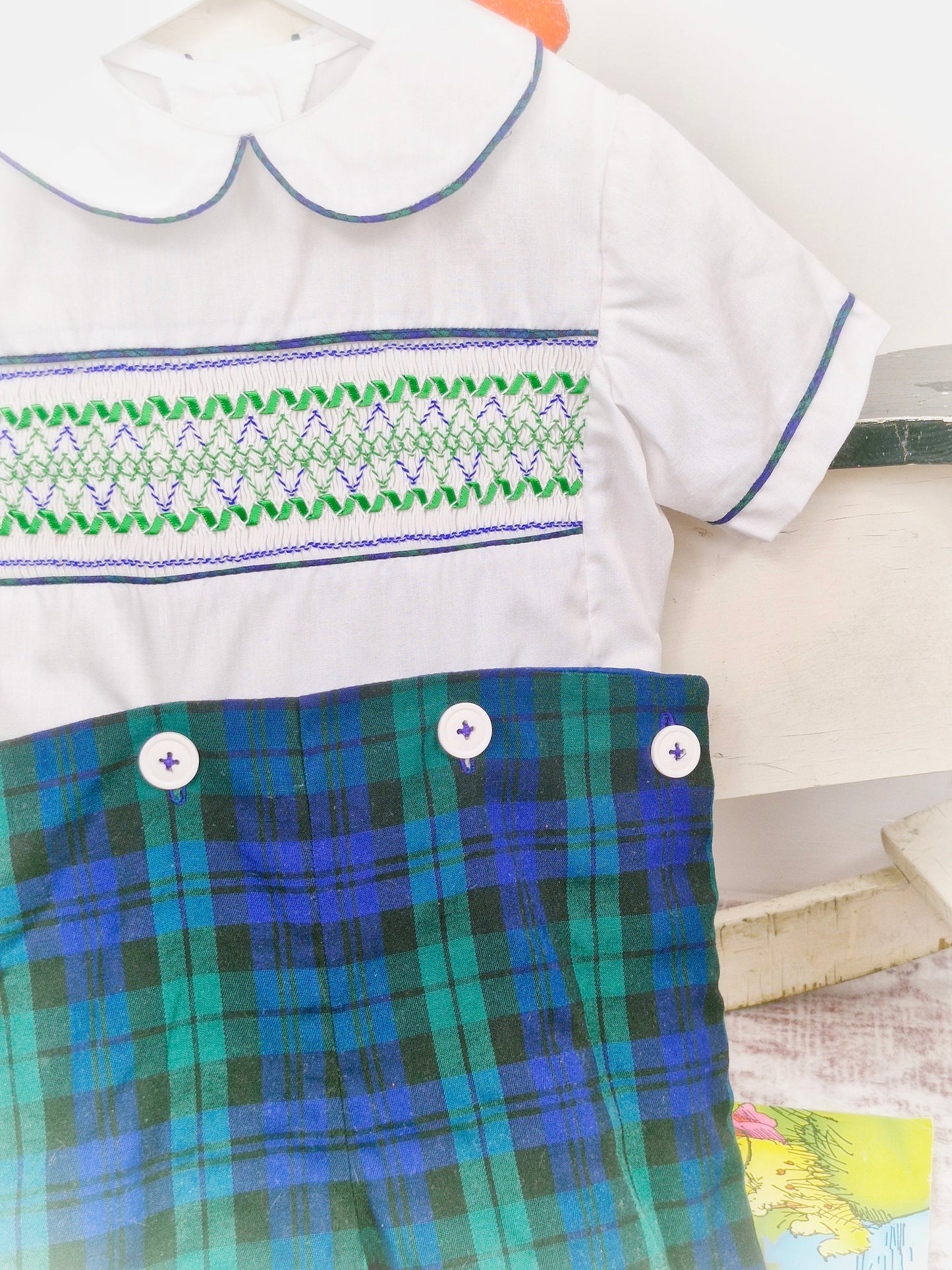 3 years. Diane Lewis set, white smocked shirt with blue and green tartan shorts