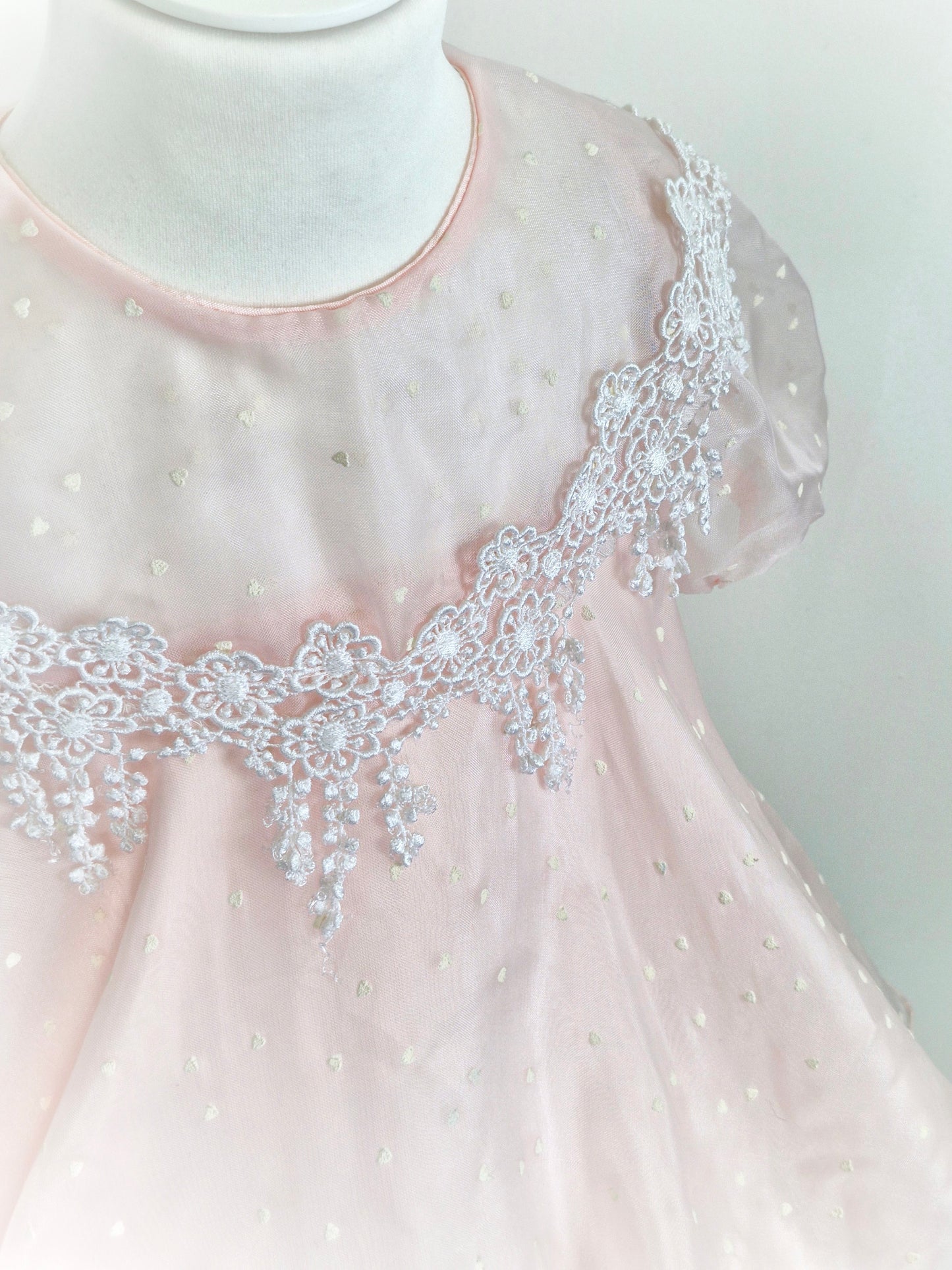 3 years. Pink vintage sheer dress with white hearts and lace details