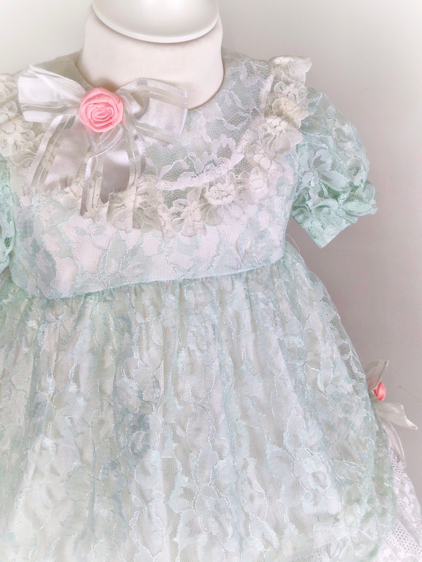 18-24 months/2 years. Mint and white lace vintage dress by Sarah Kent with pink roses