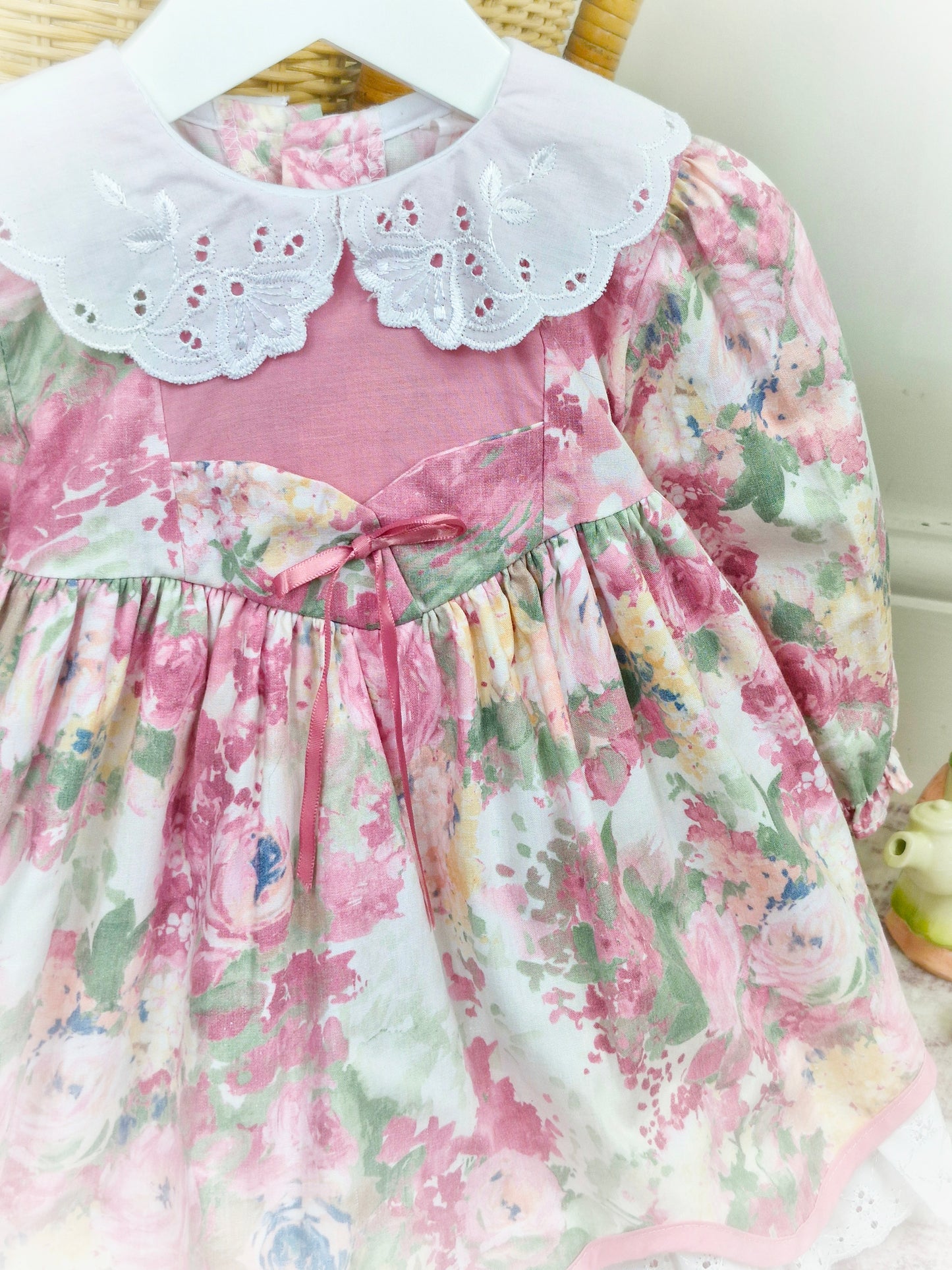 2 years. Dusky pink floral vintage dress by Little Love with white scalloped collar and eyelet lace trim