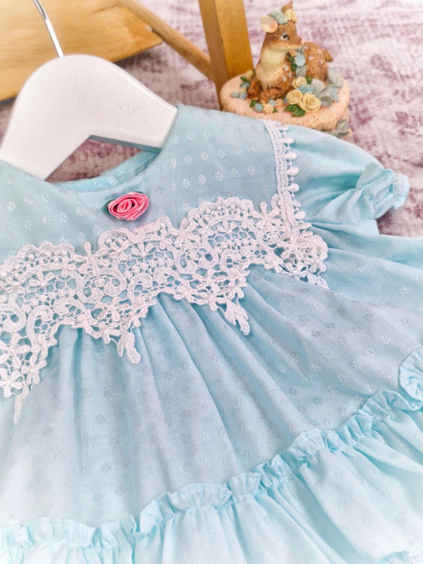6-9 months. Mint frilly vintage dress from Allison Ann with white lace details, ruffles and pink rose