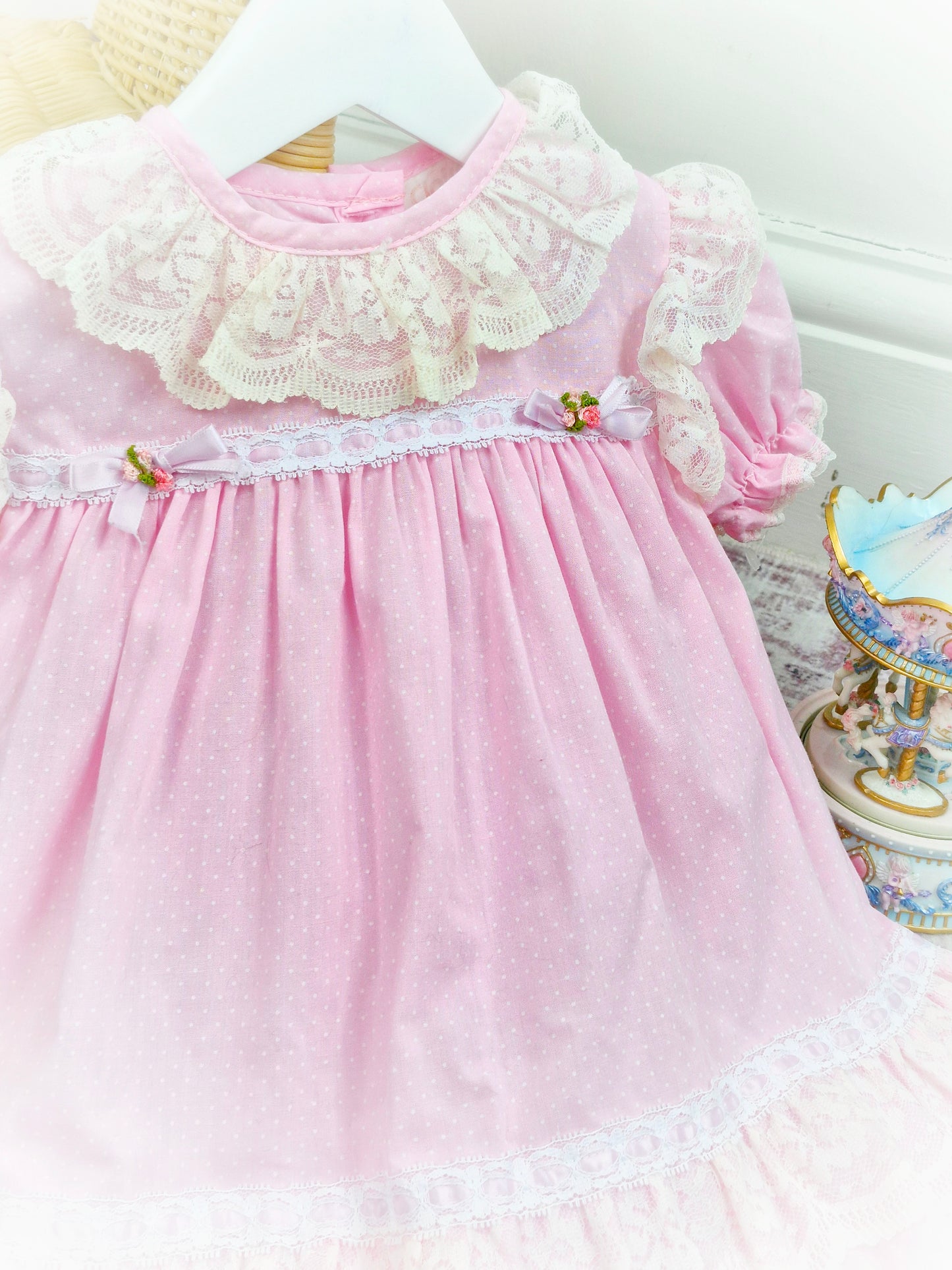 18 months. Pink polka dot vintage dress by Claire Bell with white and cream lace details