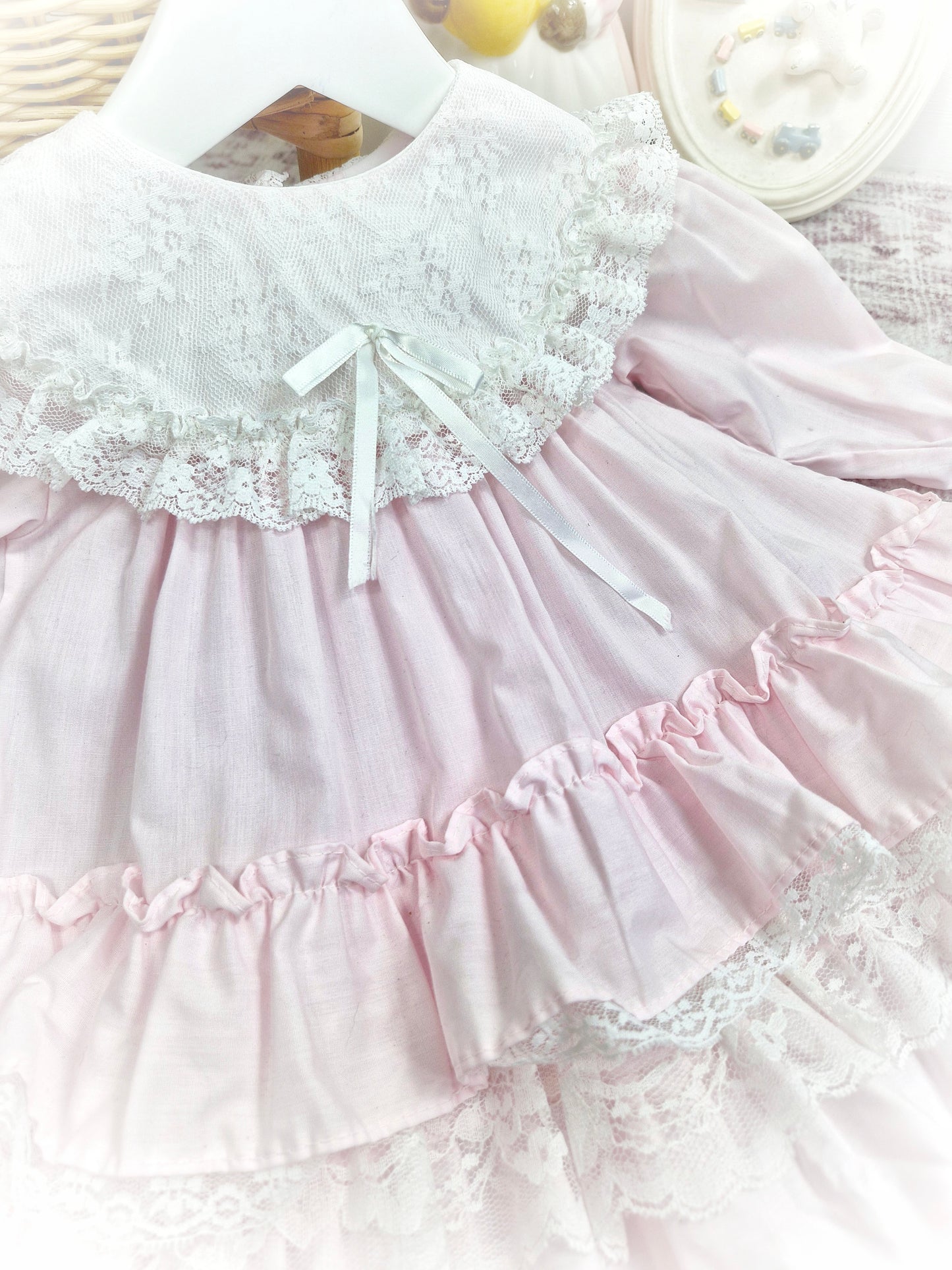 12-18 months. Pink and white Alexis vintage dress with ruffles, lace and ribbon