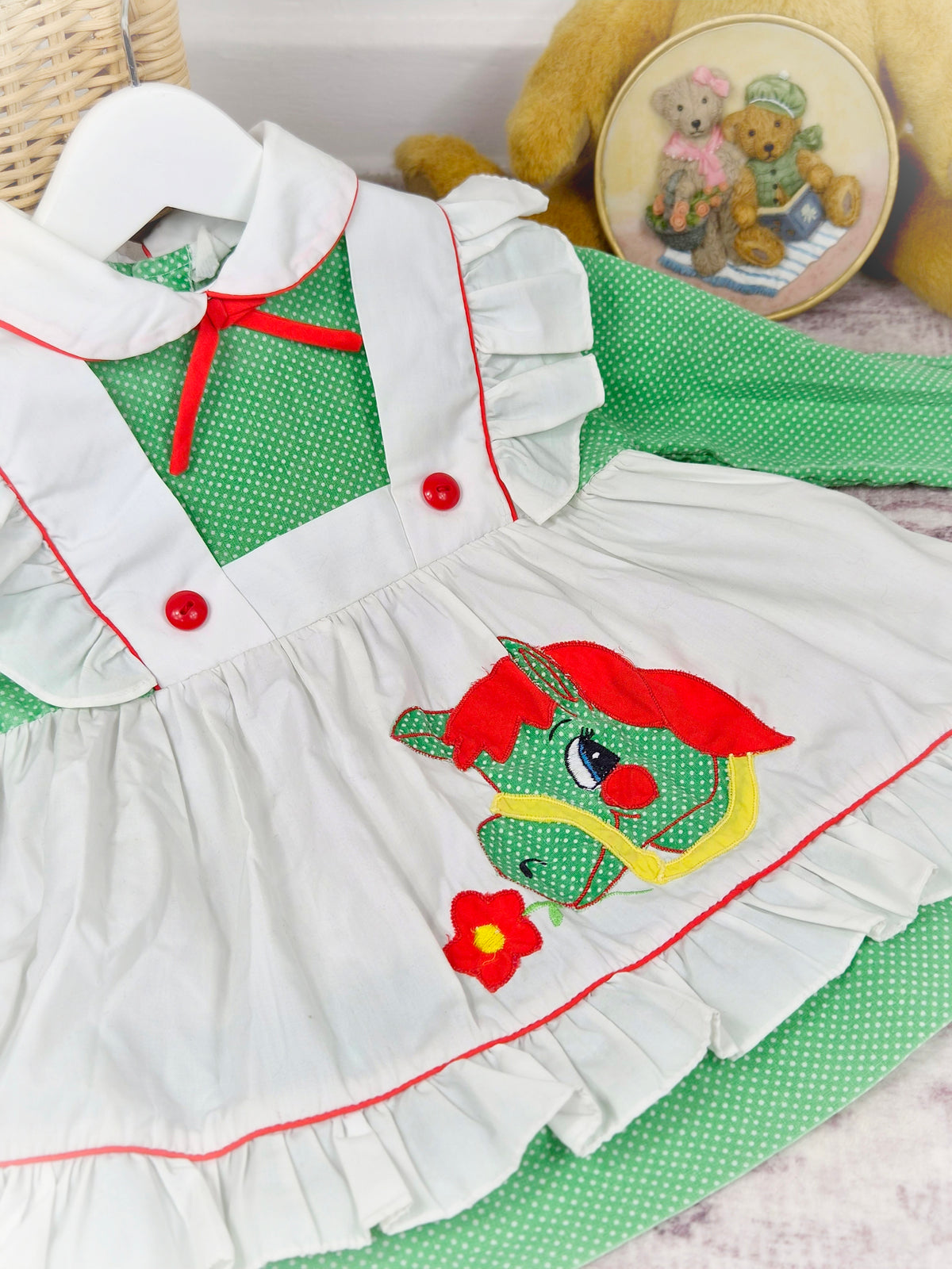 2 years. Green and white vintage dress with polka dots and horse applique. See description *