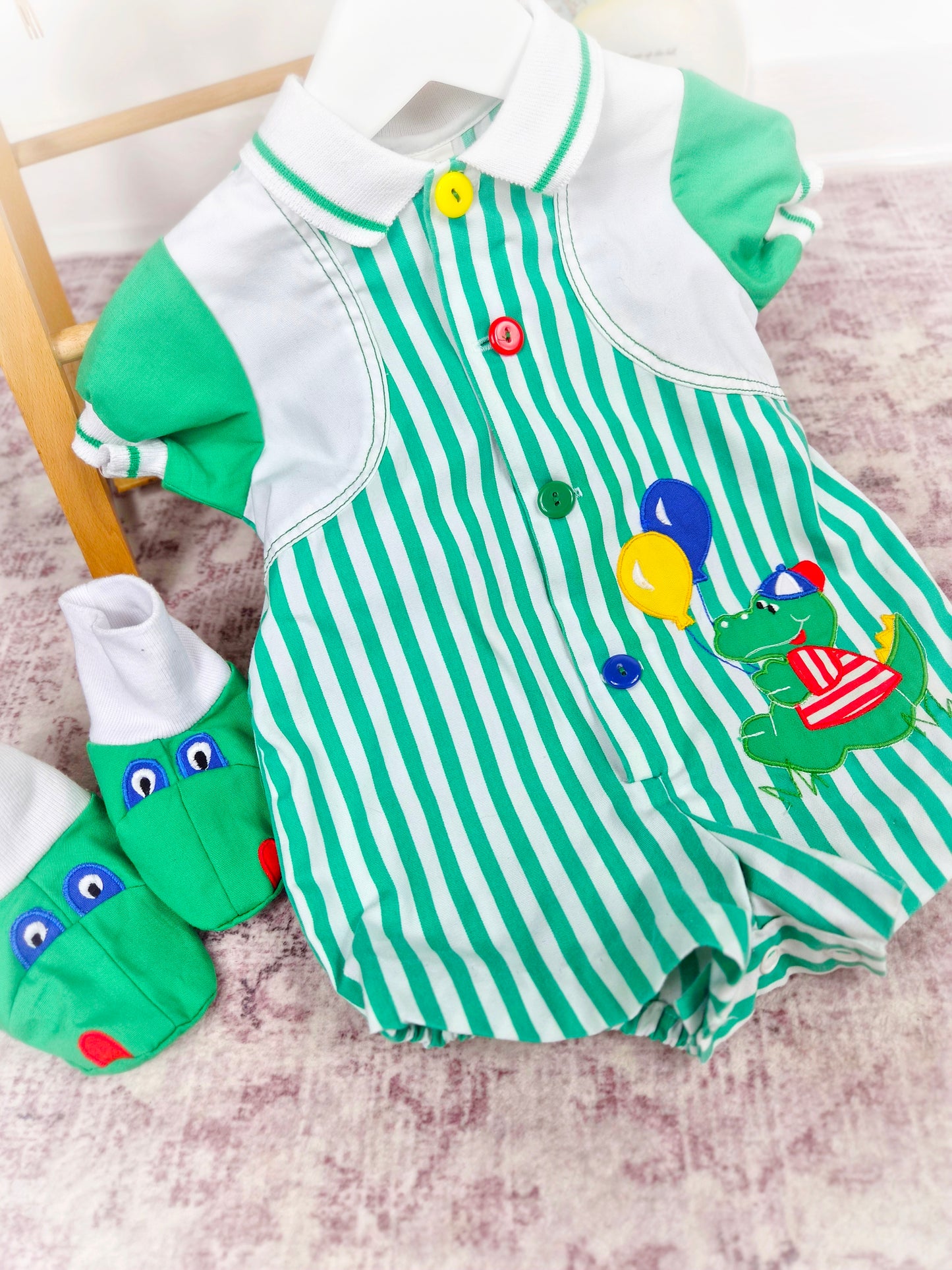9-12 months. Green and white striped romper with crocodile applique and matching shoes