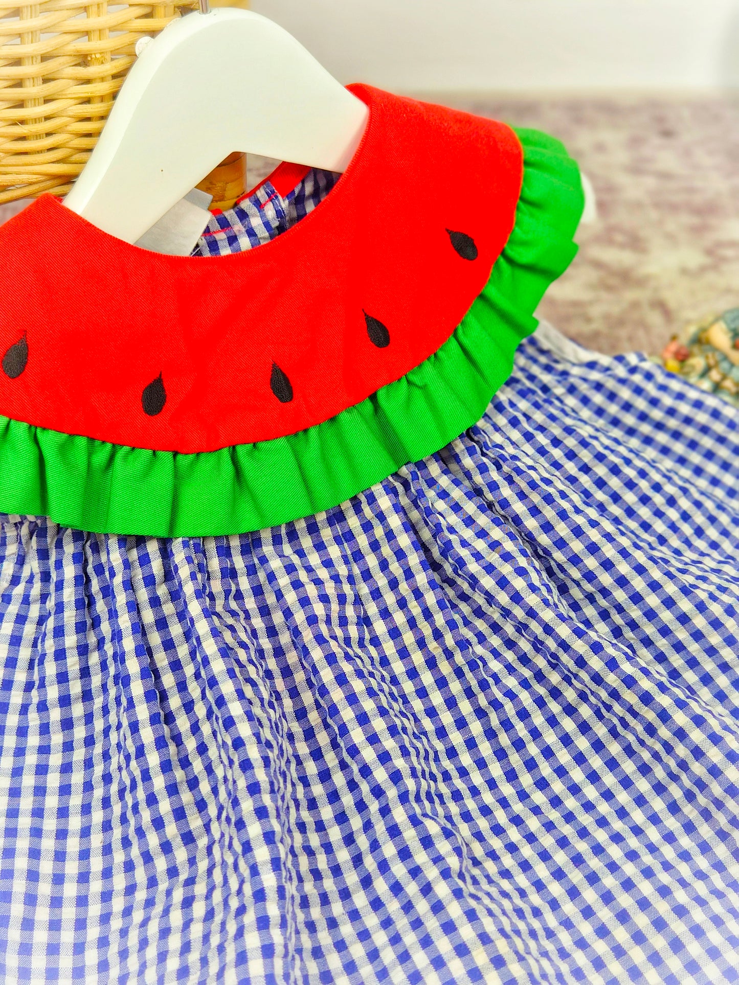 12-18 months. Navy and white gingham vintage Samara dress, sleevless with watermelon bib