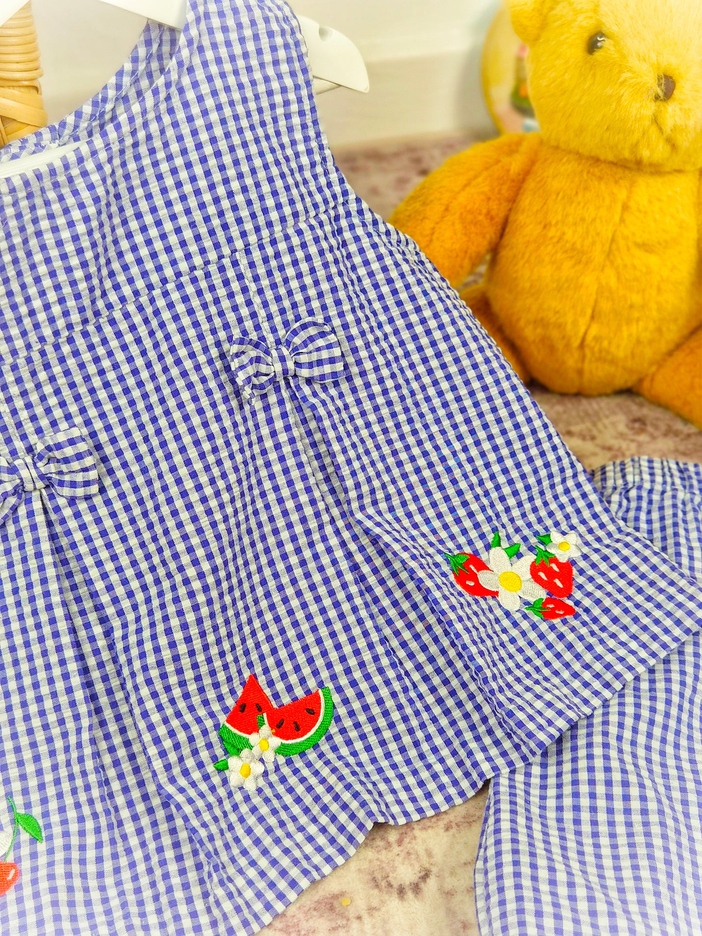 3 years. Navy & white gingham Samara set with embroidered fruit, pleats and bows