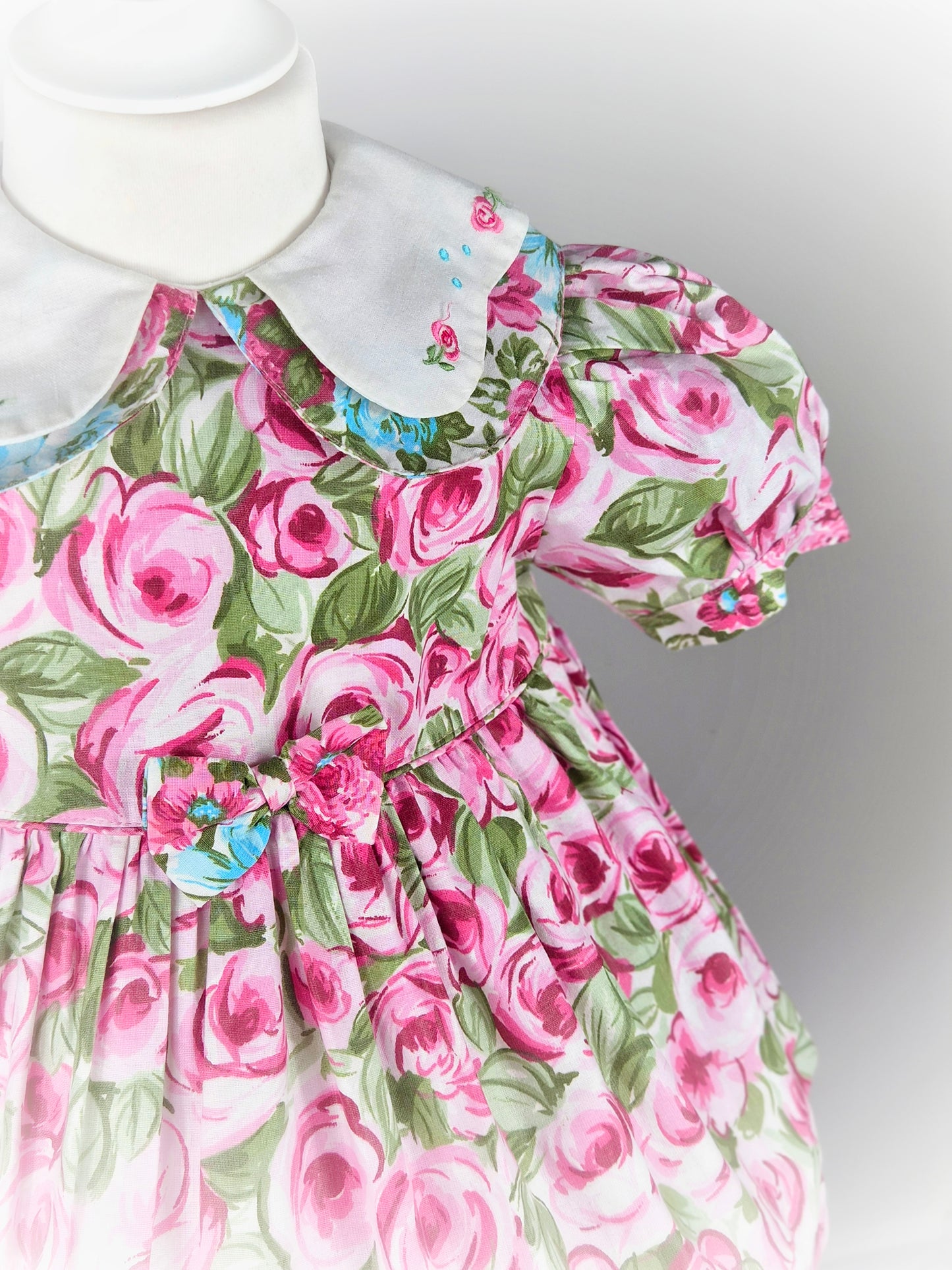 2 years. Vintage Allison Ann dress, pink floral with white collar, embroidered with flowers