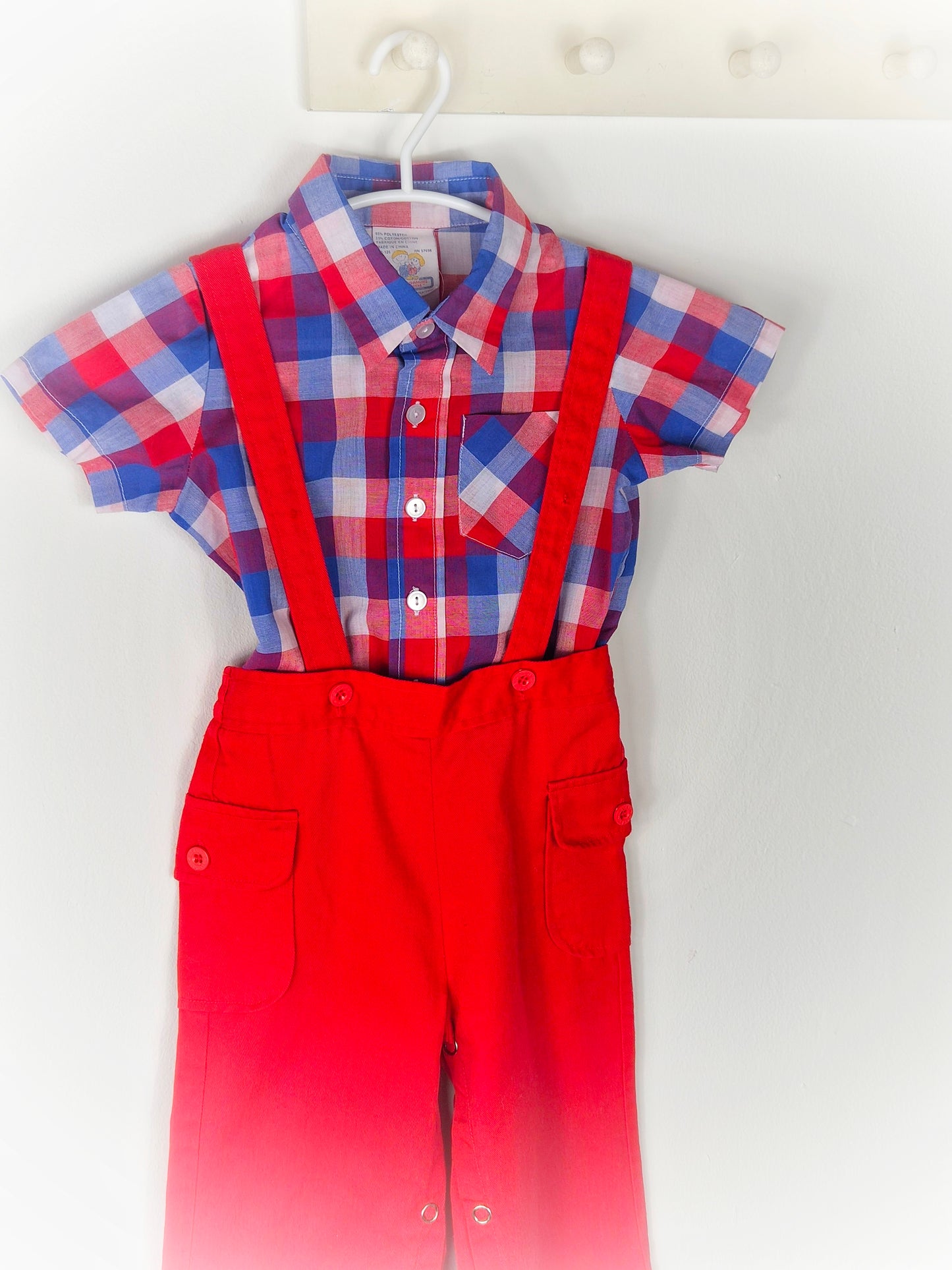 18-24 months. Red, blue and white checked shirt with matching red overalls by Joyeux Gamins