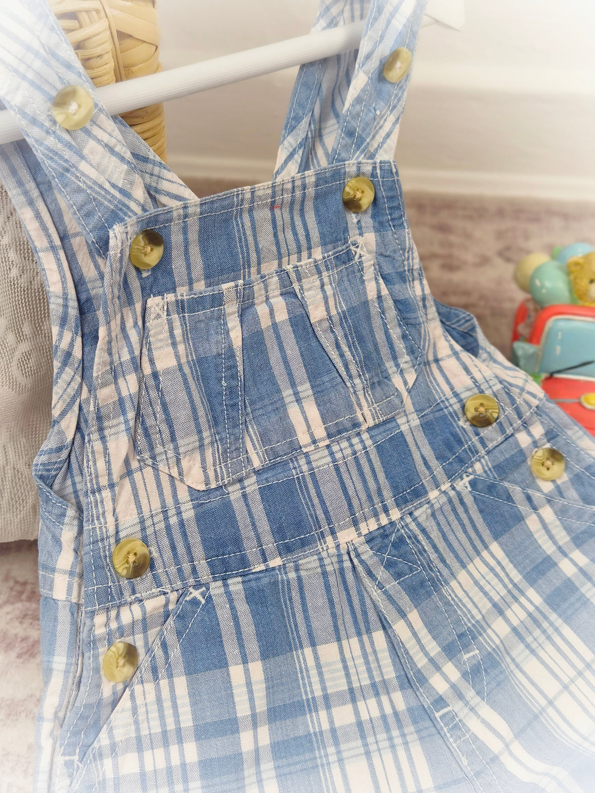 9-12 months. Blue and white checked vintage short dungarees