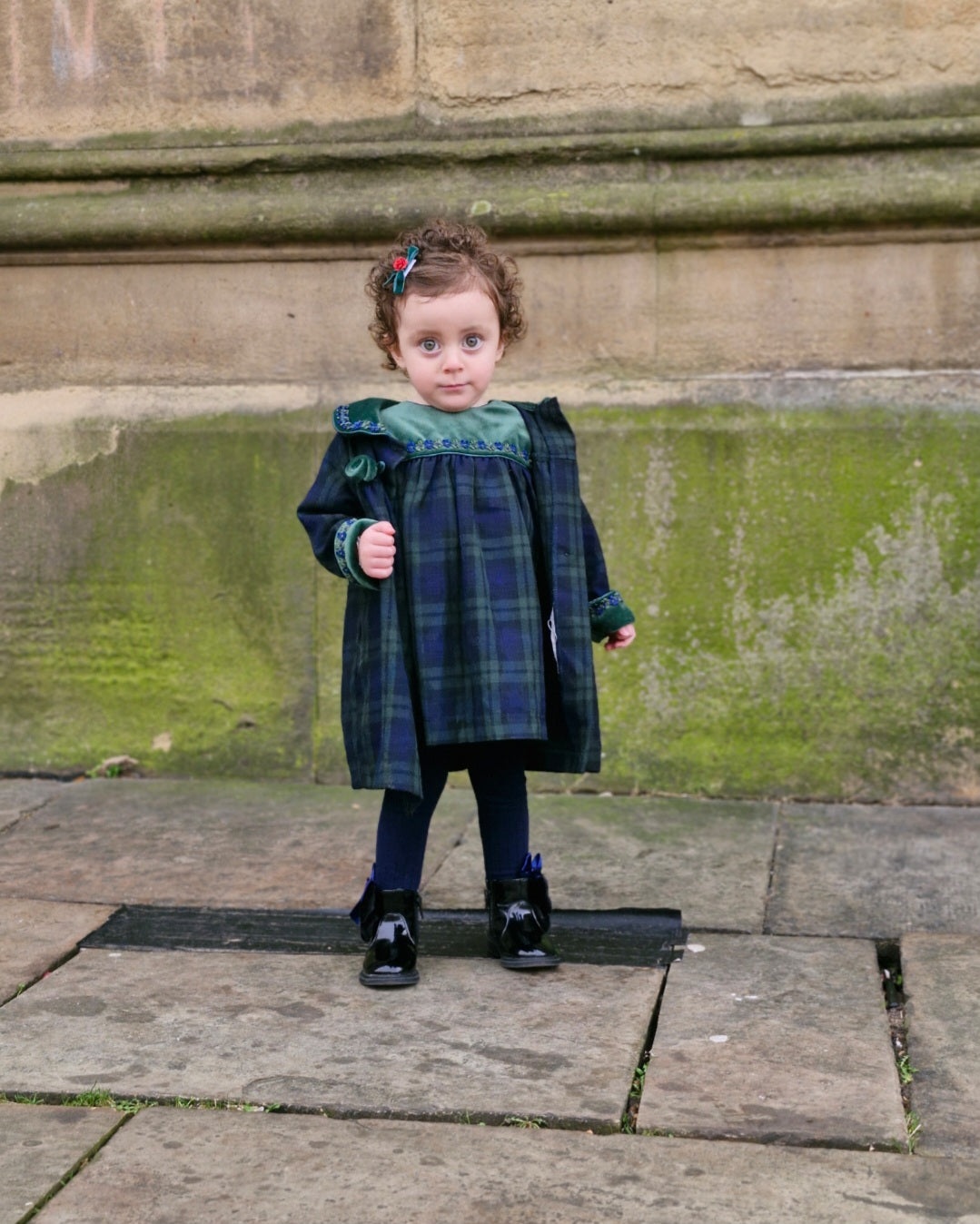 2 years. Vintage coat and dress set from Little Bitty, navy and green tartan with velour details.
