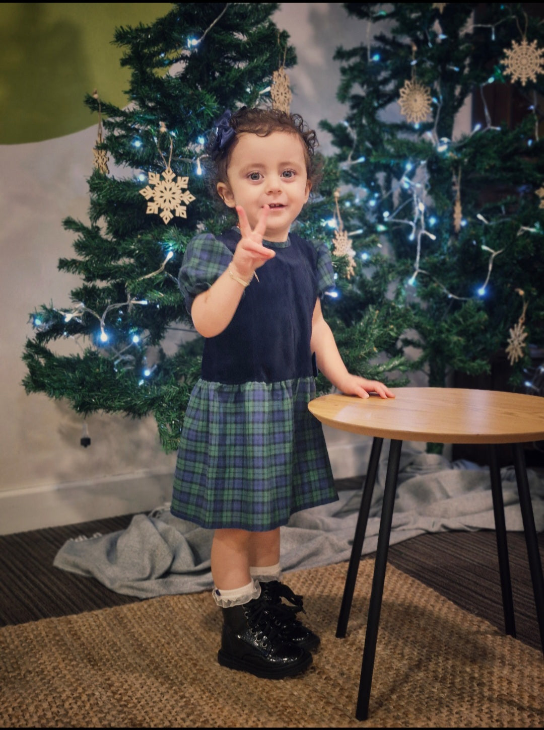 2 years. Vintage Adams dress, navy velour top and tartan skirt and sleeves with blue ribbon bow.
